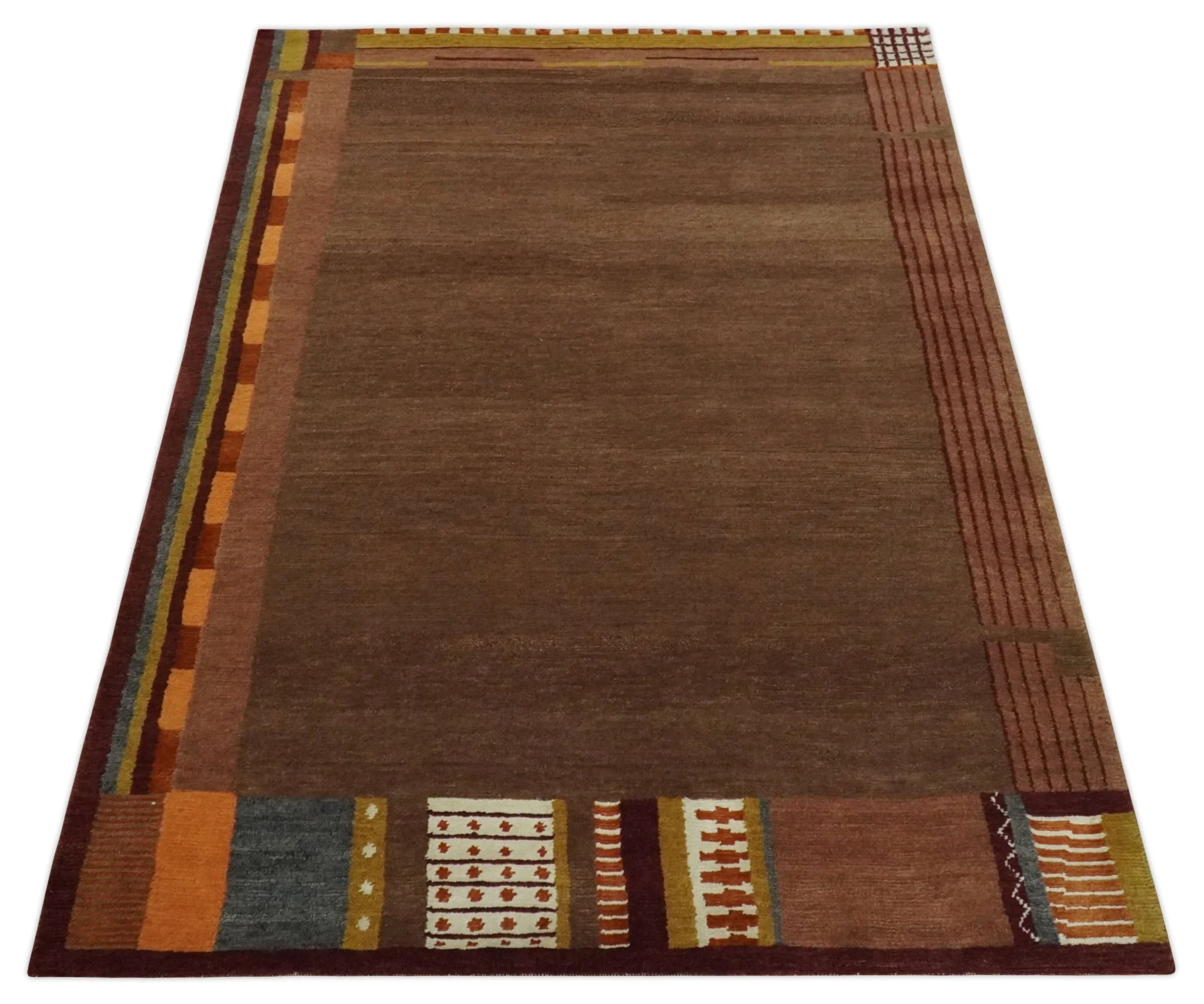 Modern Brown Geometrical Pattern Handloom 4x6 wool and Art silk Area Rug - Image 10