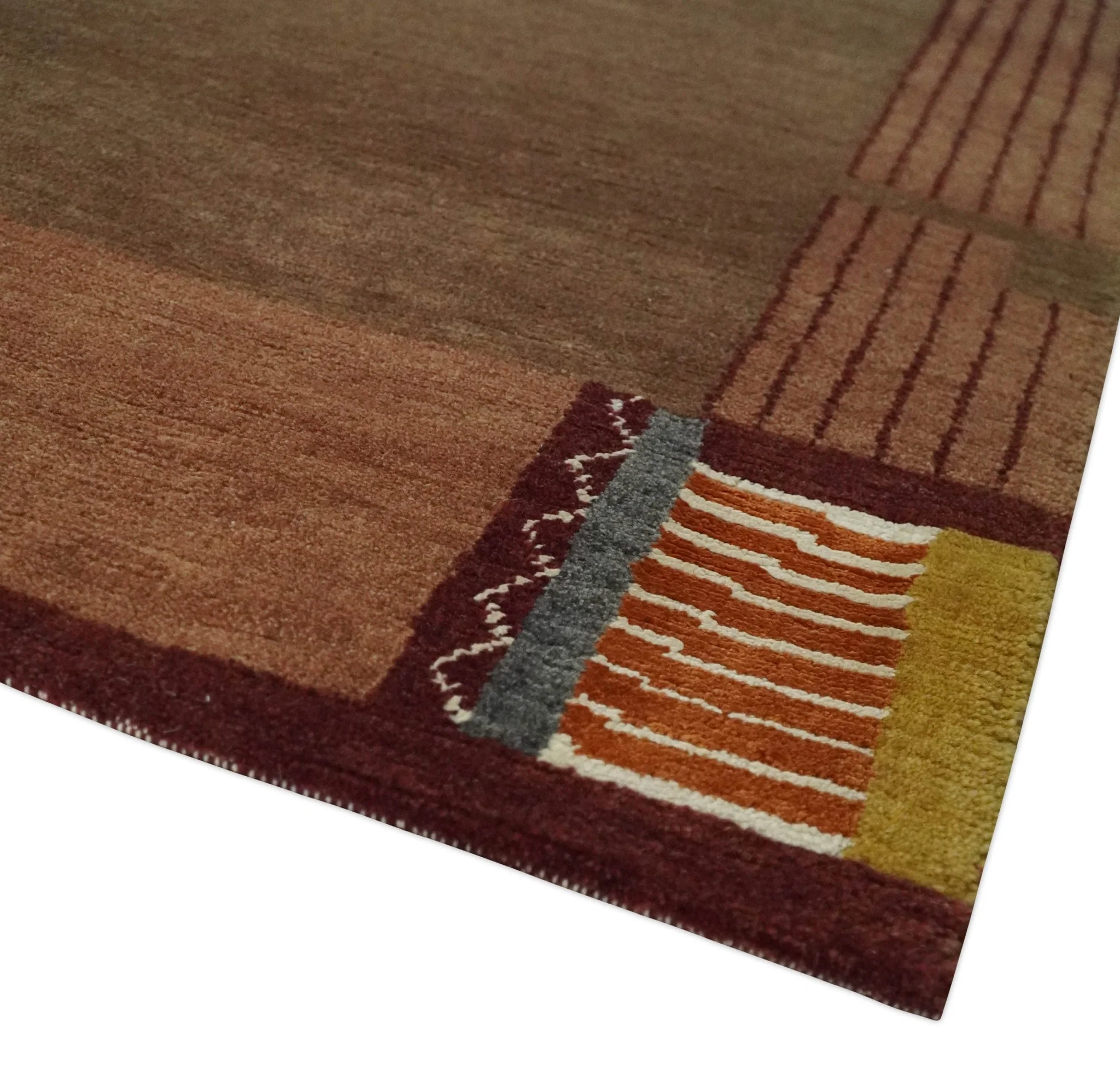 Modern Brown Geometrical Pattern Handloom 4x6 wool and Art silk Area Rug - Image 5