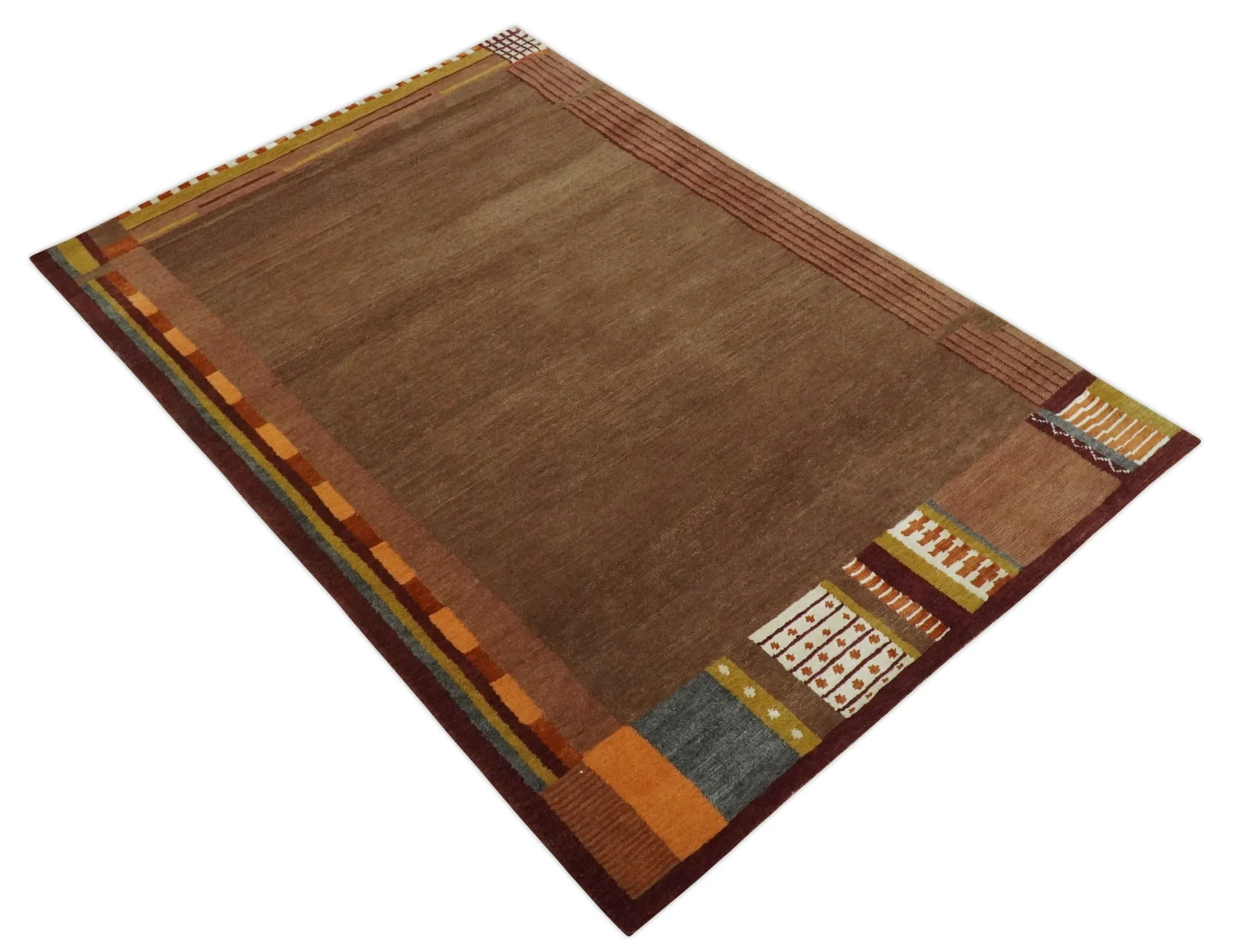 Modern Brown Geometrical Pattern Handloom 4x6 wool and Art silk Area Rug - Image 9