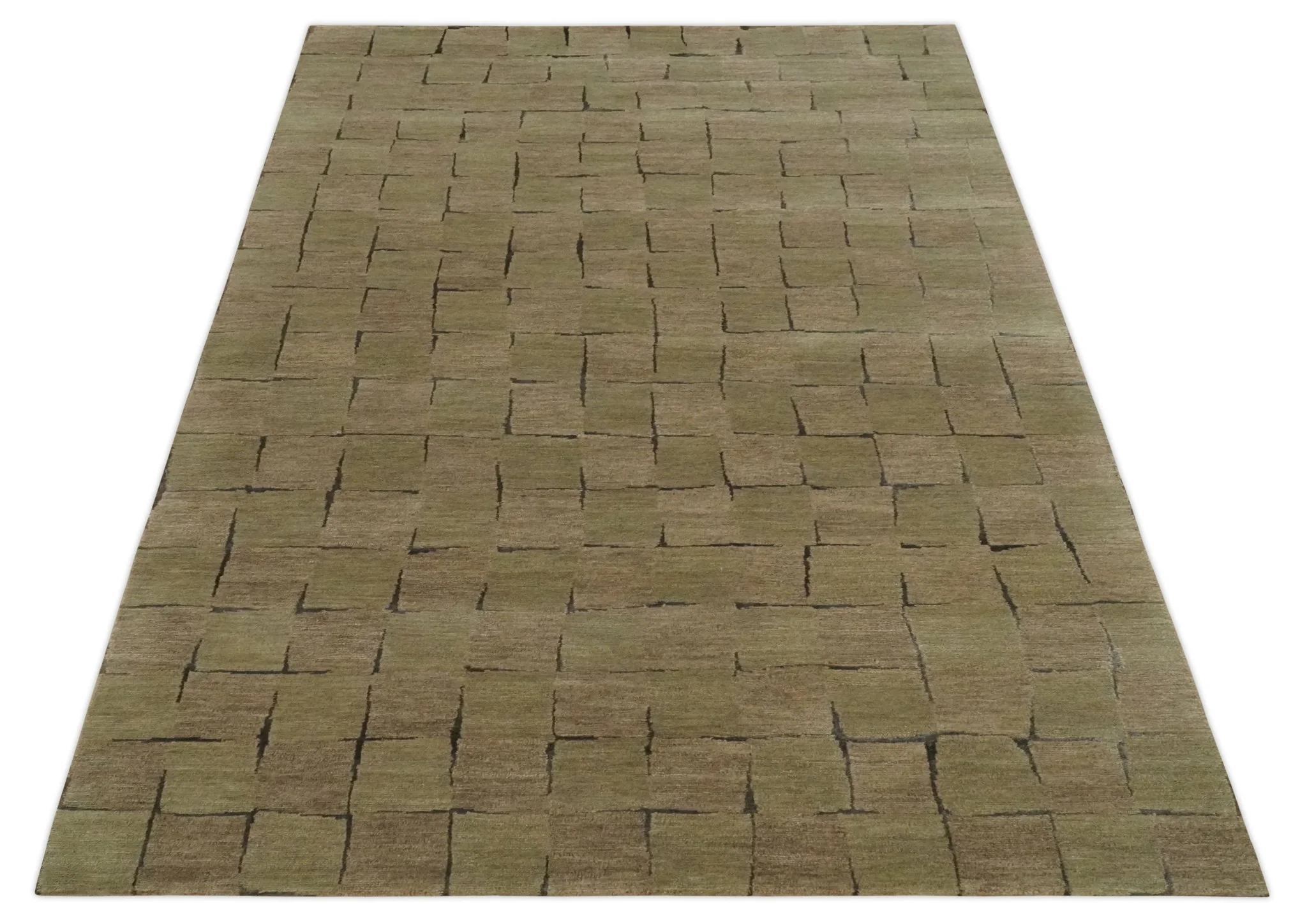 Modern Geometrical Brown, Olive and Charcoal Hand Knotted 5x8 Wool and Silk Area Rug - Image 11