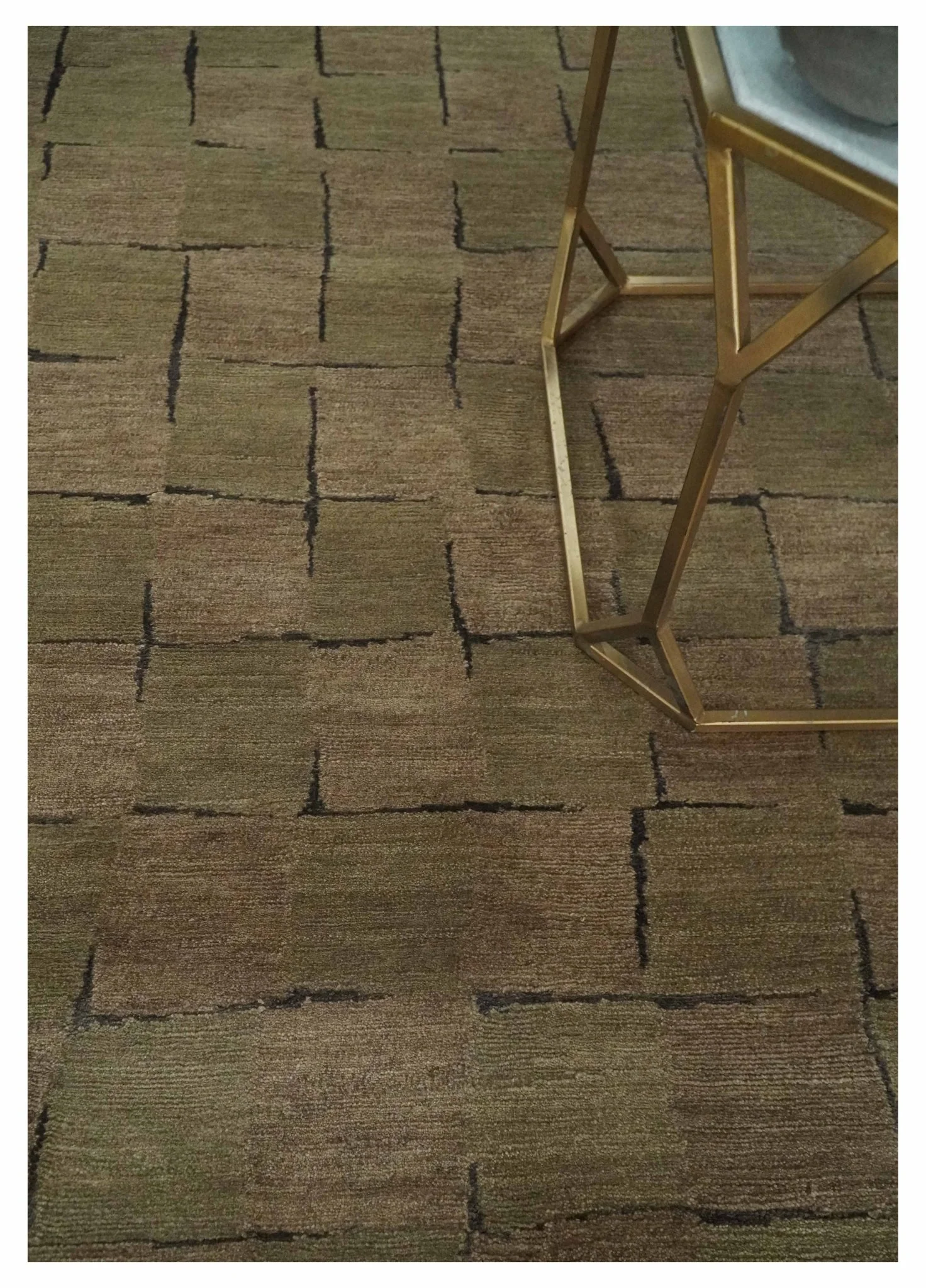 Modern Geometrical Brown, Olive and Charcoal Hand Knotted 5x8 Wool and Silk Area Rug - Image 3