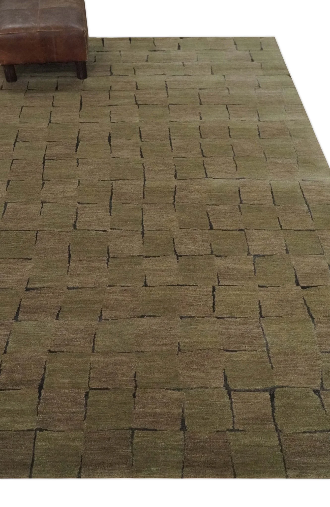 Modern Geometrical Brown, Olive and Charcoal Hand Knotted 5x8 Wool and Silk Area Rug - Image 4