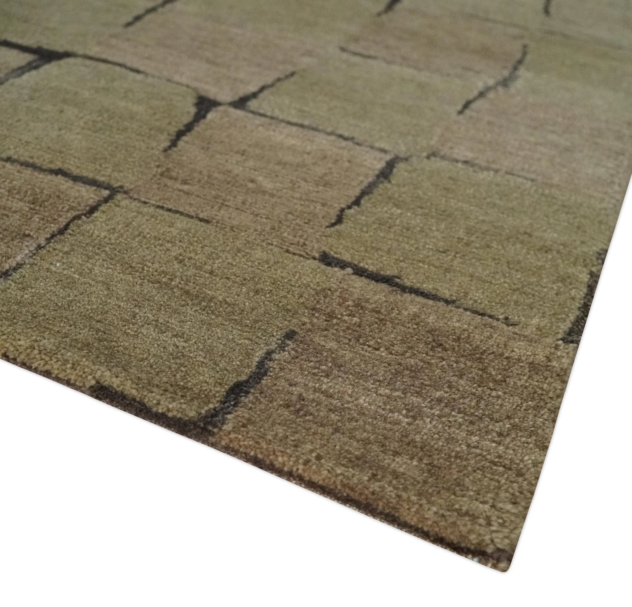 Modern Geometrical Brown, Olive and Charcoal Hand Knotted 5x8 Wool and Silk Area Rug - Image 6