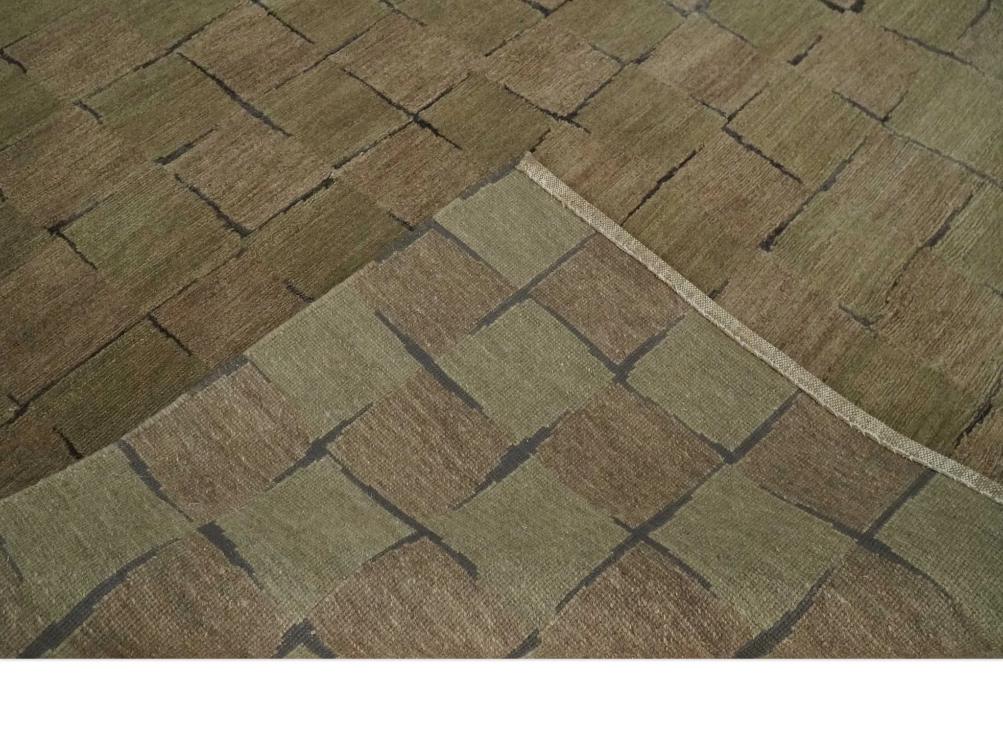 Modern Geometrical Brown, Olive and Charcoal Hand Knotted 5x8 Wool and Silk Area Rug - Image 7