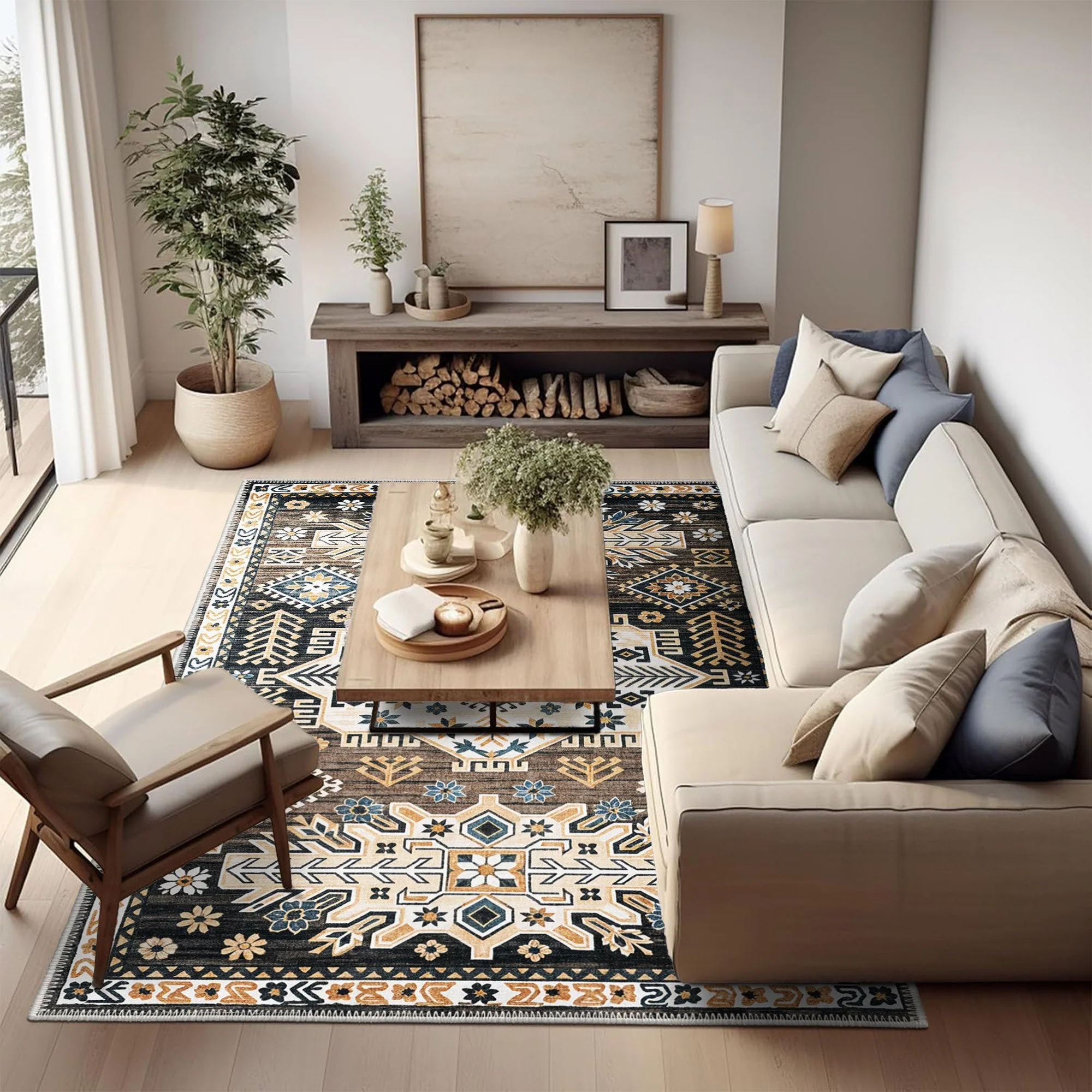 Modern Charcoal And Gold Machine Washable Cotton Area Rug - Image 2