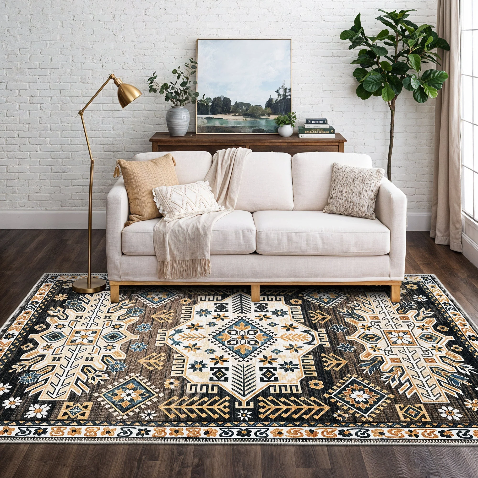 Modern Charcoal And Gold Machine Washable Cotton Area Rug - Image 3