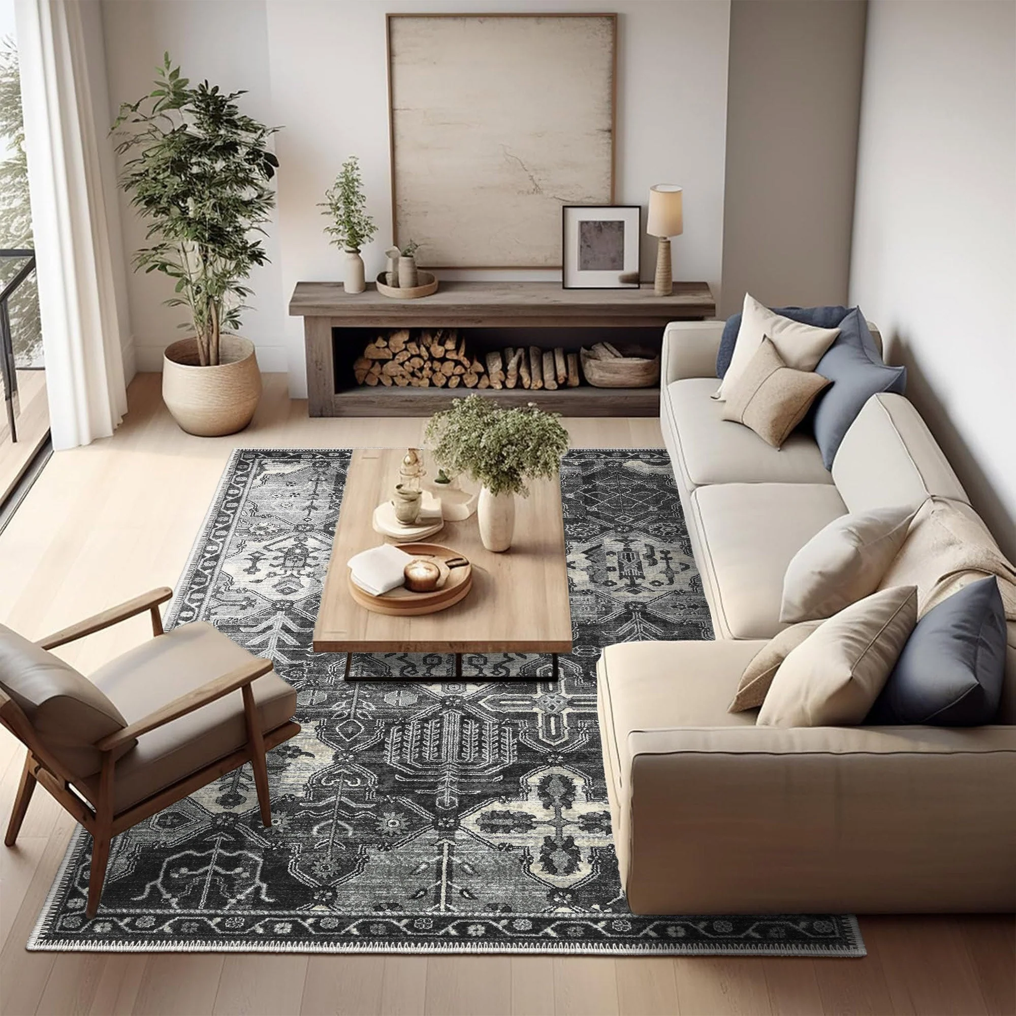 Modern Charcoal And Gray Machine Washable Cotton Area Rug - Image 2