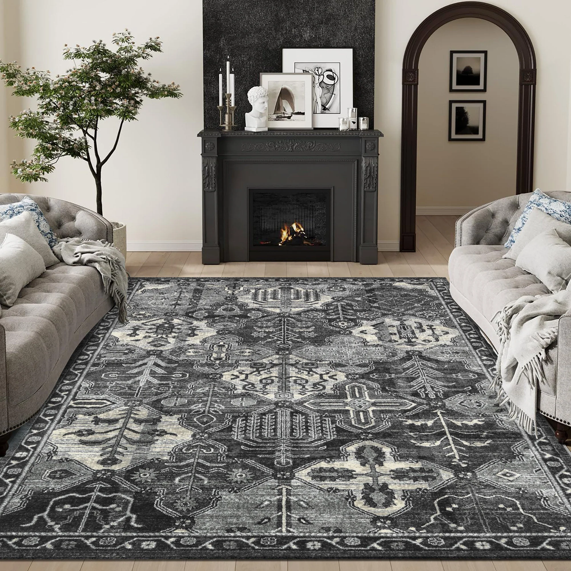 Modern Charcoal And Gray Machine Washable Cotton Area Rug - Image 3
