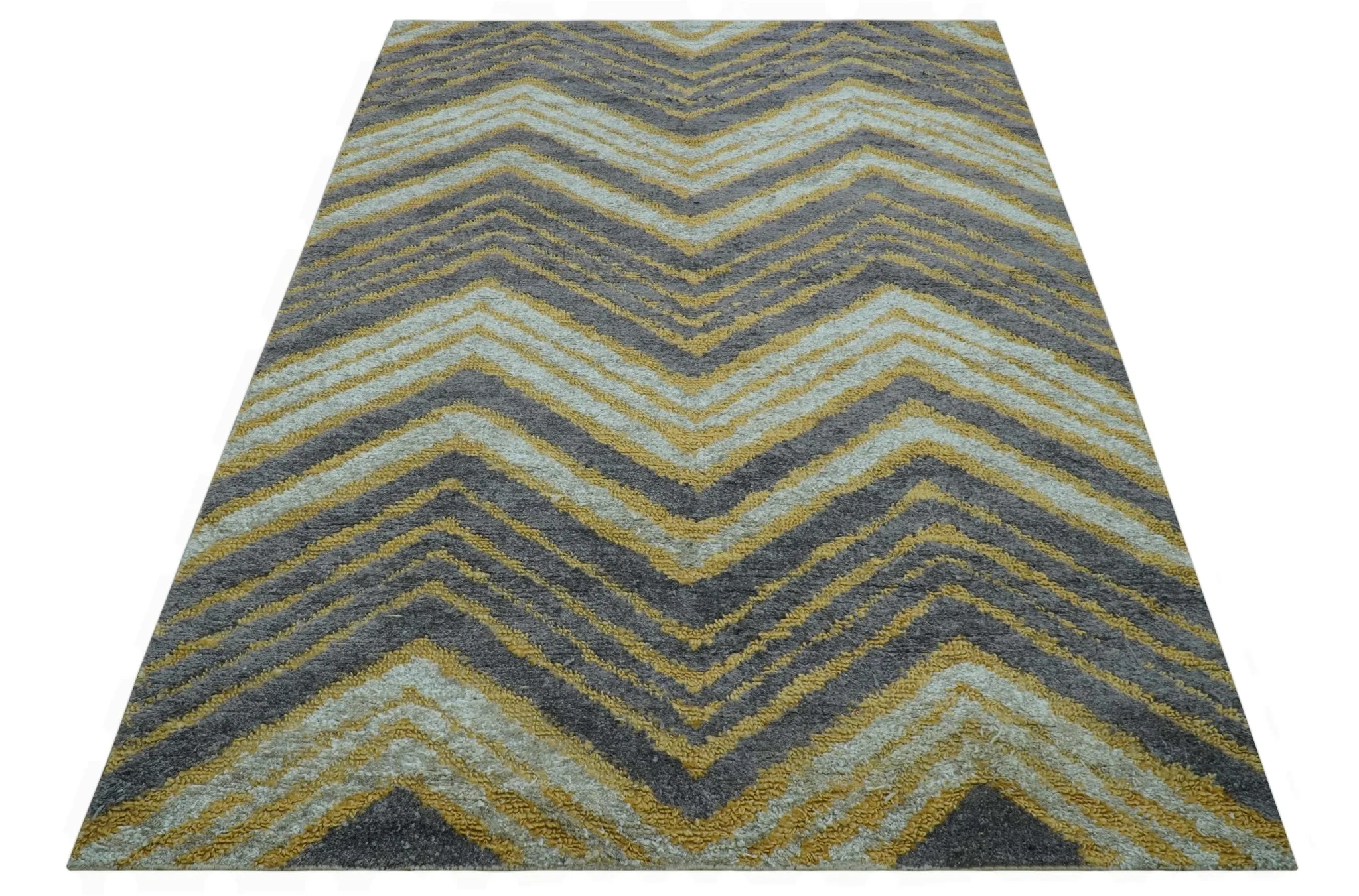 Modern Chevron Design Gold And Beige 5.6x8 Hand Knotted Bamboo Silk Area Rug - Image 11