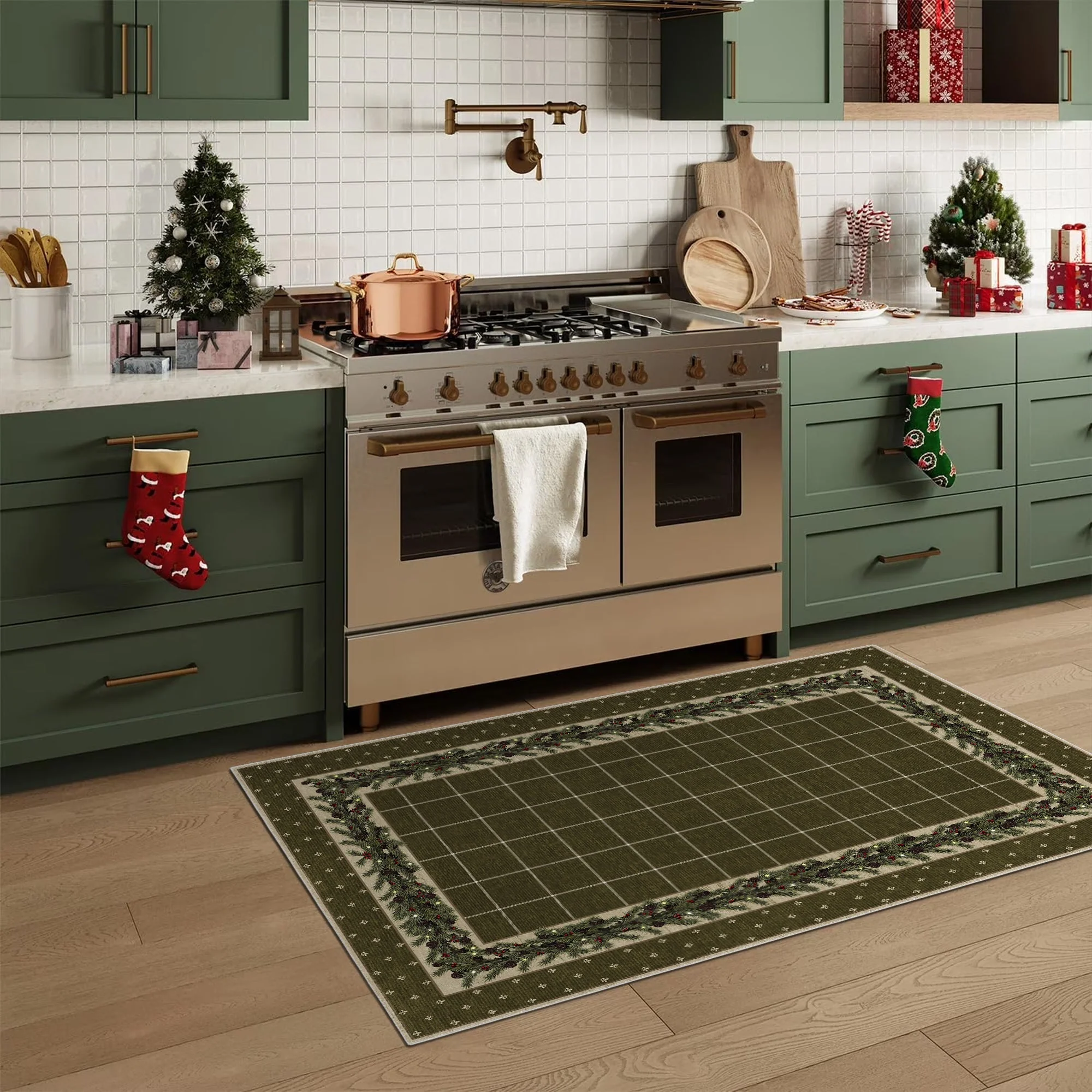 Modern Machine Washable Green Leafs Cotton Area Rug - Image 2