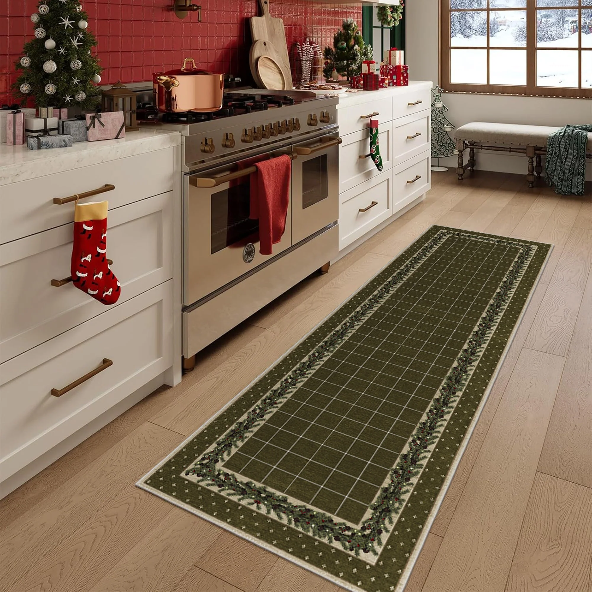 Modern Machine Washable Green Leafs Cotton Area Rug - Image 3