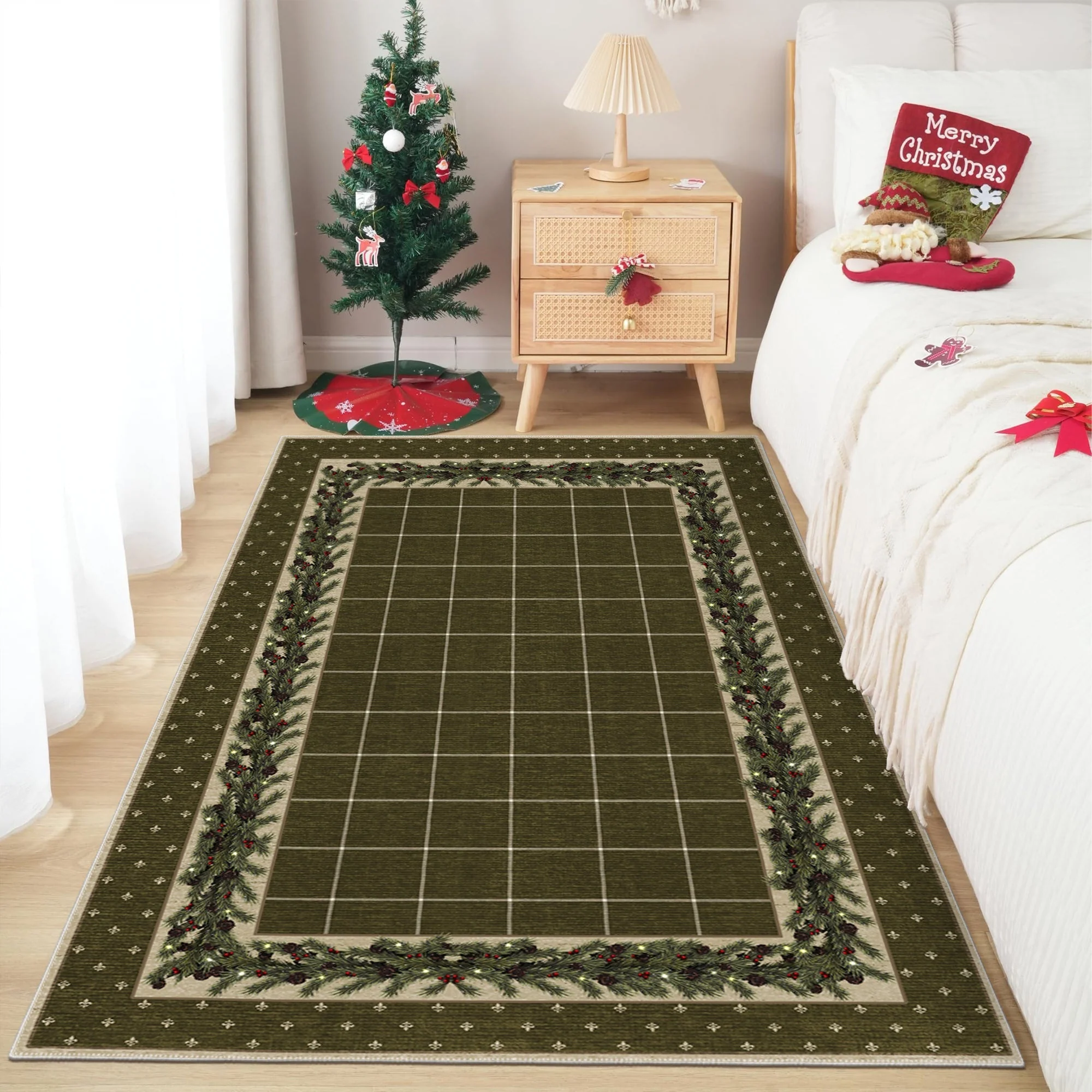 Modern Machine Washable Green Leafs Cotton Area Rug - Image 5