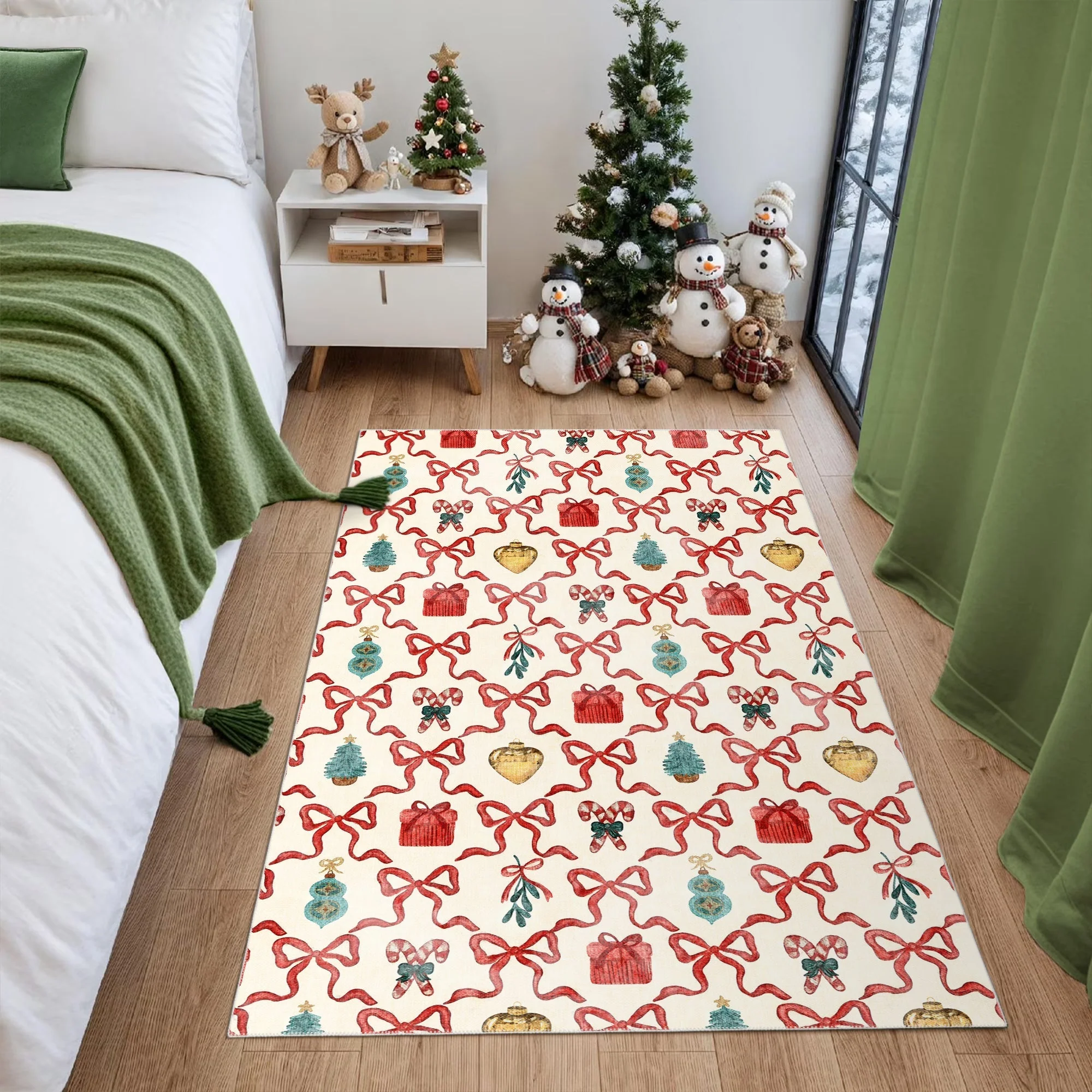 Modern Christmas Machine Washable White And Red Cotton Area Rug - Image 2