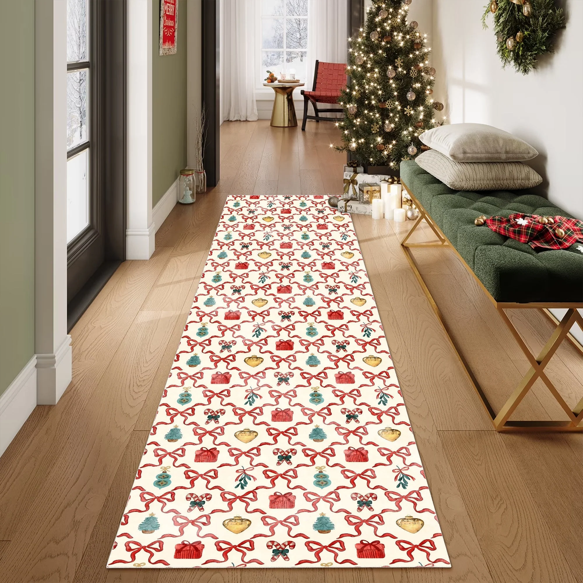 Modern Christmas Machine Washable White And Red Cotton Area Rug - Image 3