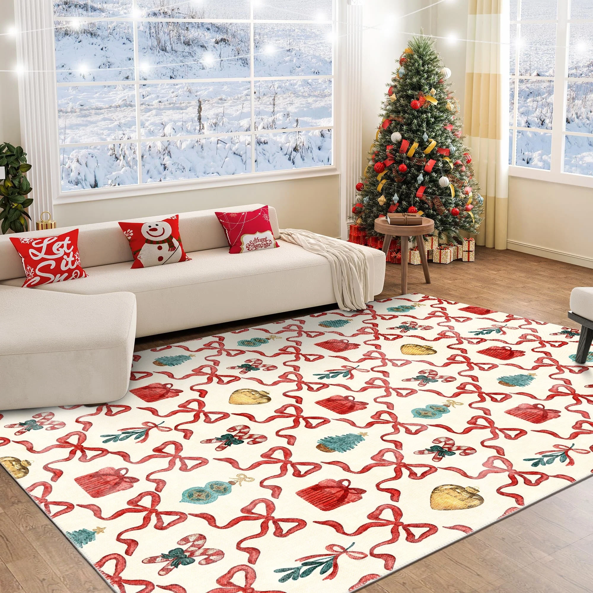 Modern Christmas Machine Washable White And Red Cotton Area Rug - Image 5