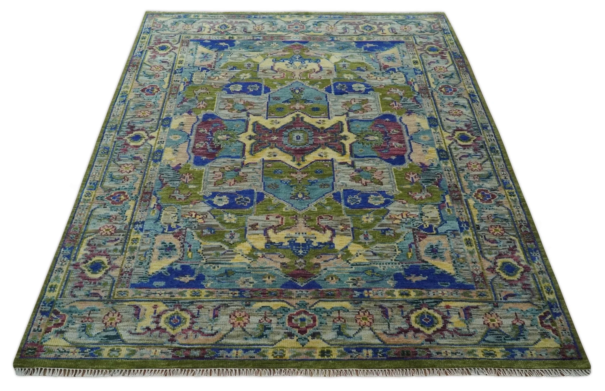 Modern Colorful Moss Green, Blue and Silver Traditional Turkish Design Heriz Wool Area Rug - Image 10