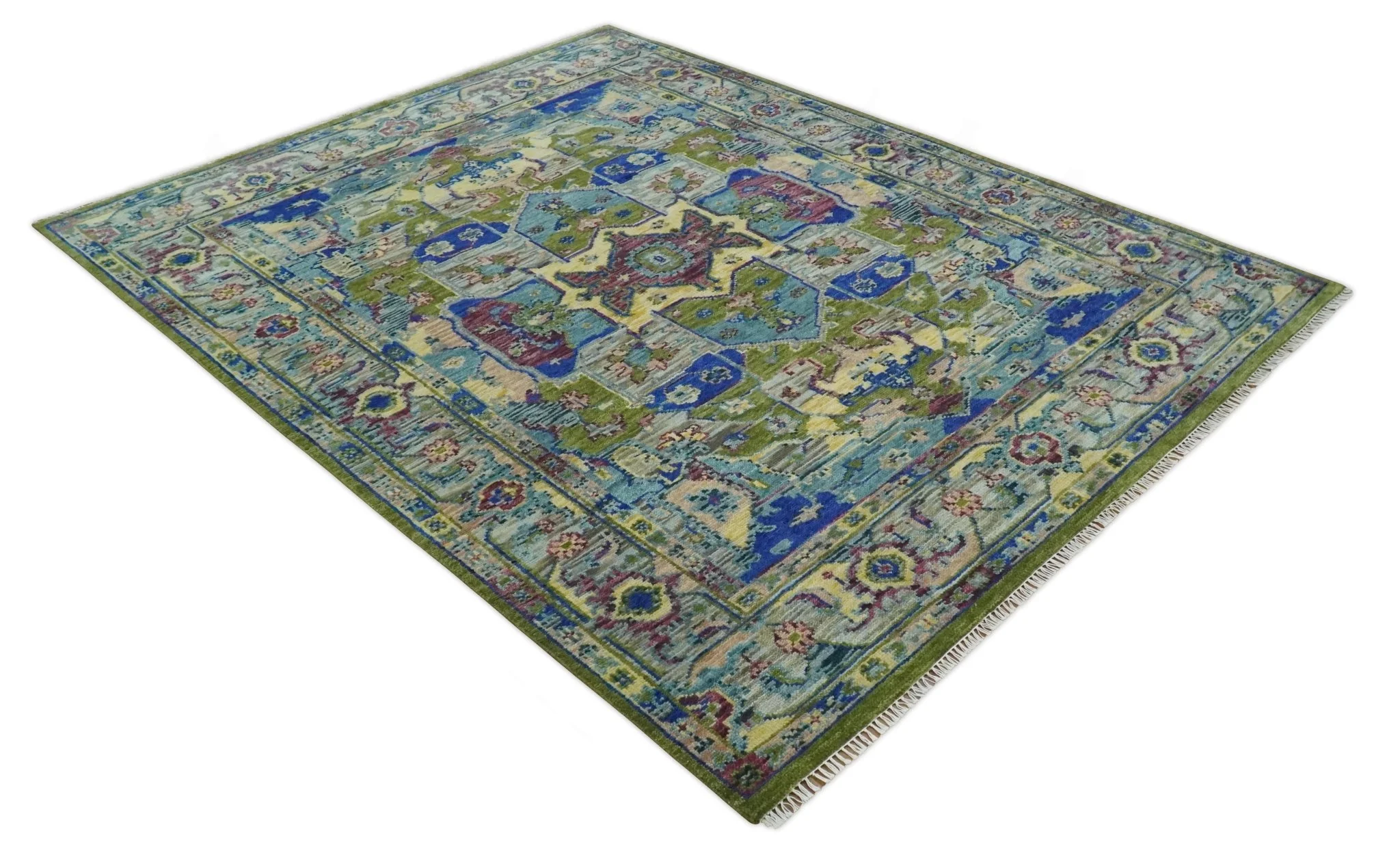 Modern Colorful Moss Green, Blue and Silver Traditional Turkish Design Heriz Wool Area Rug - Image 11