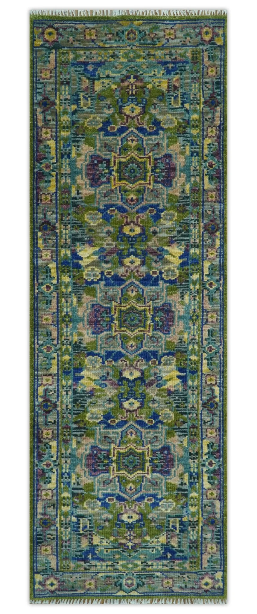 Modern Colorful Moss Green, Blue and Silver Traditional Turkish Design Heriz Wool Area Rug - Image 12