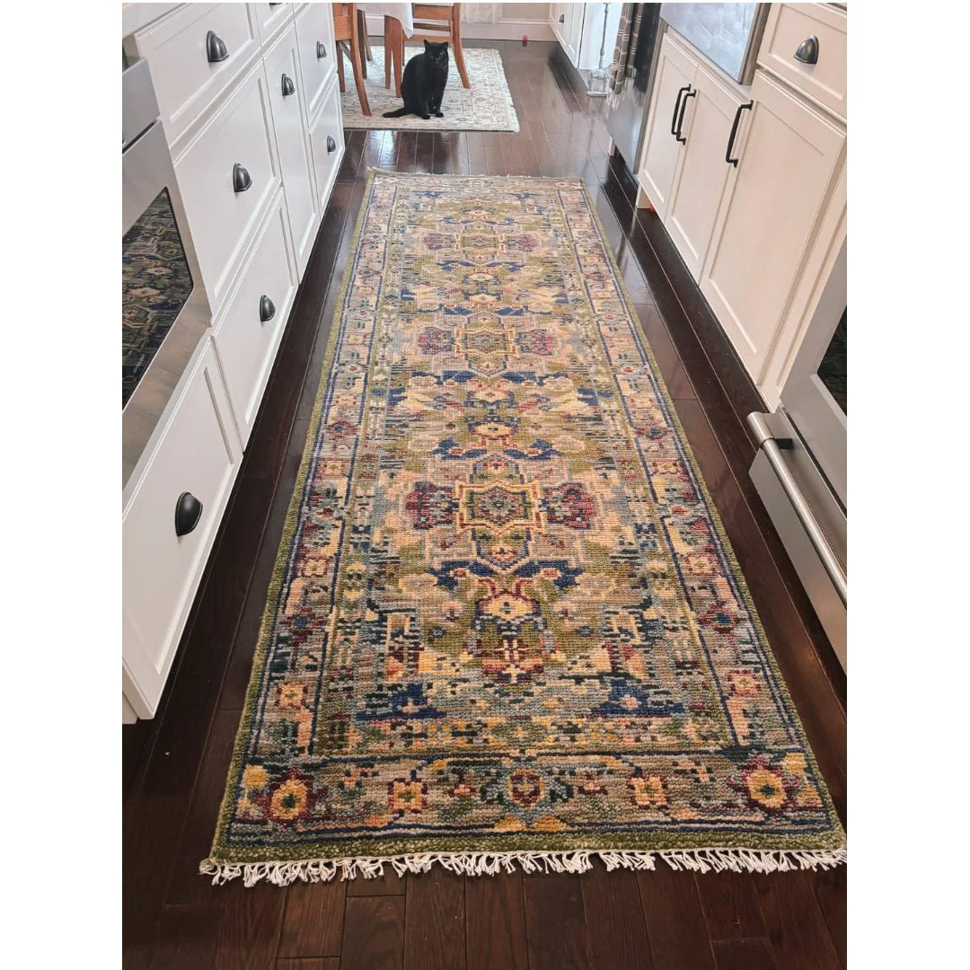 Modern Colorful Moss Green, Blue and Silver Traditional Turkish Design Heriz Wool Area Rug - Image 3