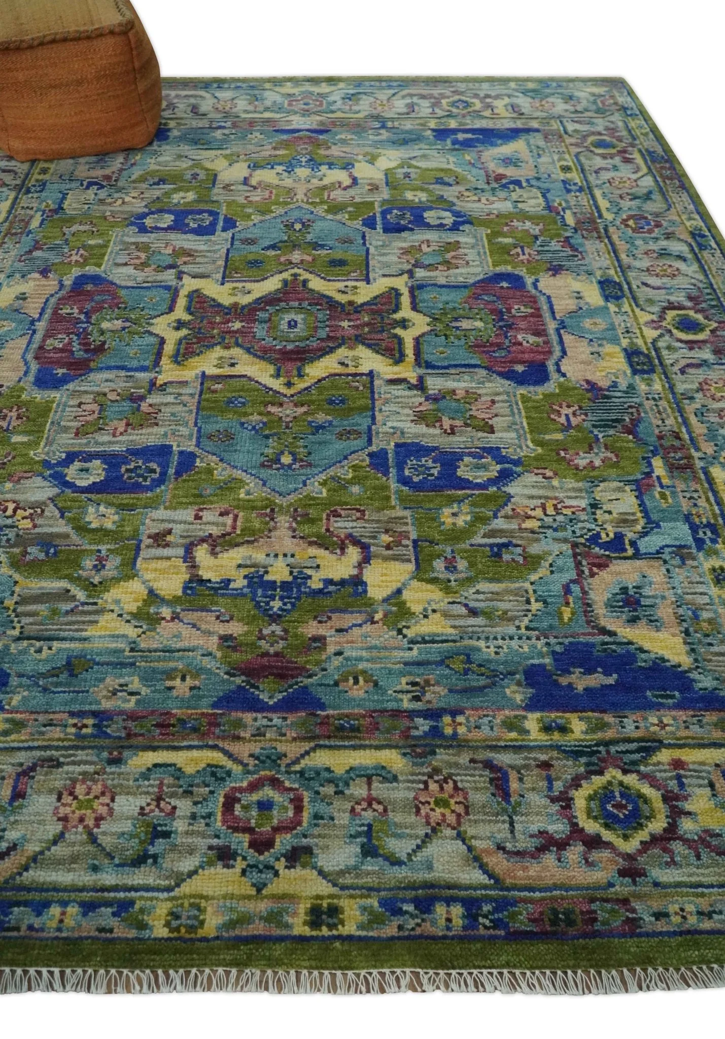 Modern Colorful Moss Green, Blue and Silver Traditional Turkish Design Heriz Wool Area Rug - Image 4