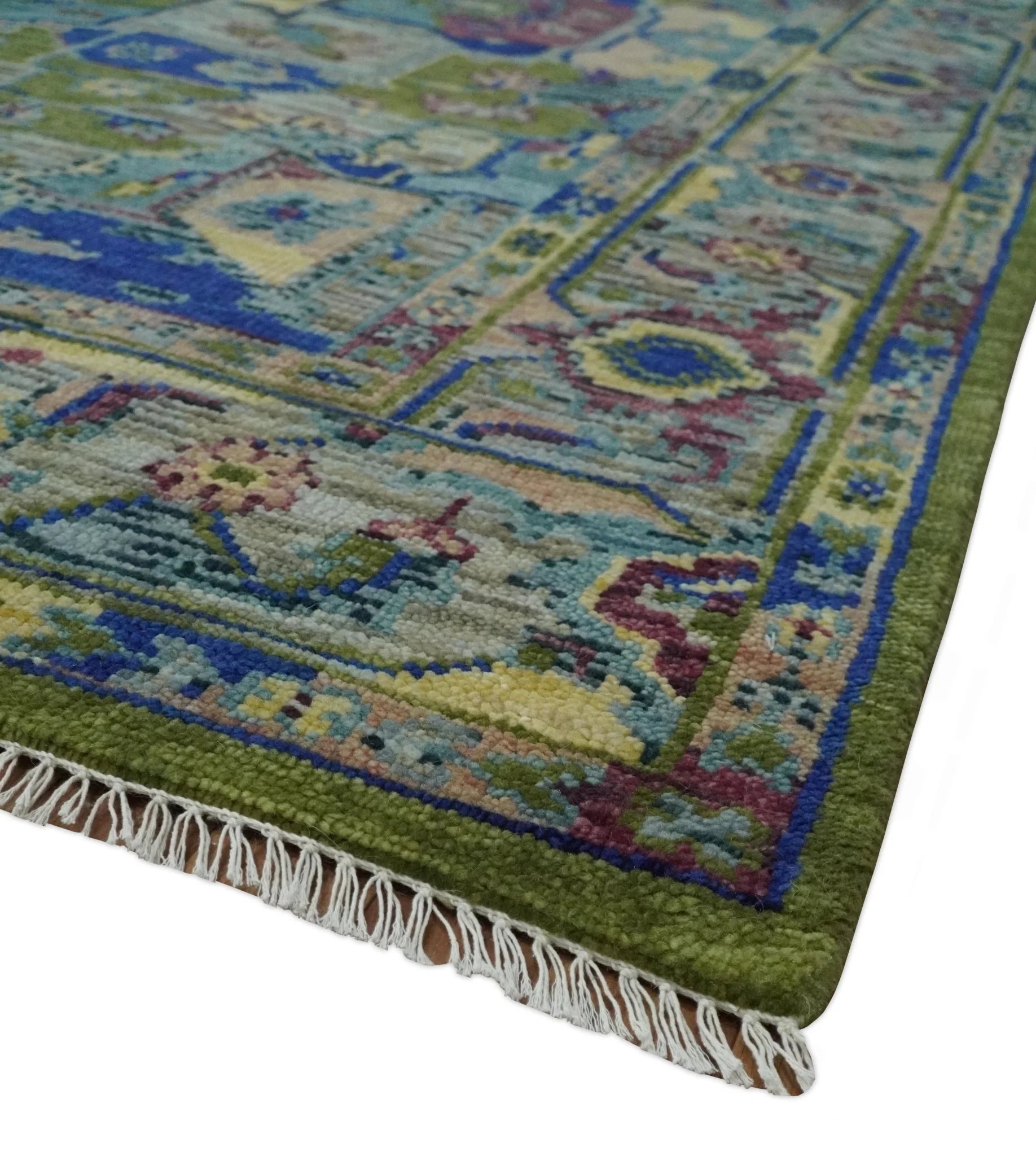 Modern Colorful Moss Green, Blue and Silver Traditional Turkish Design Heriz Wool Area Rug - Image 6