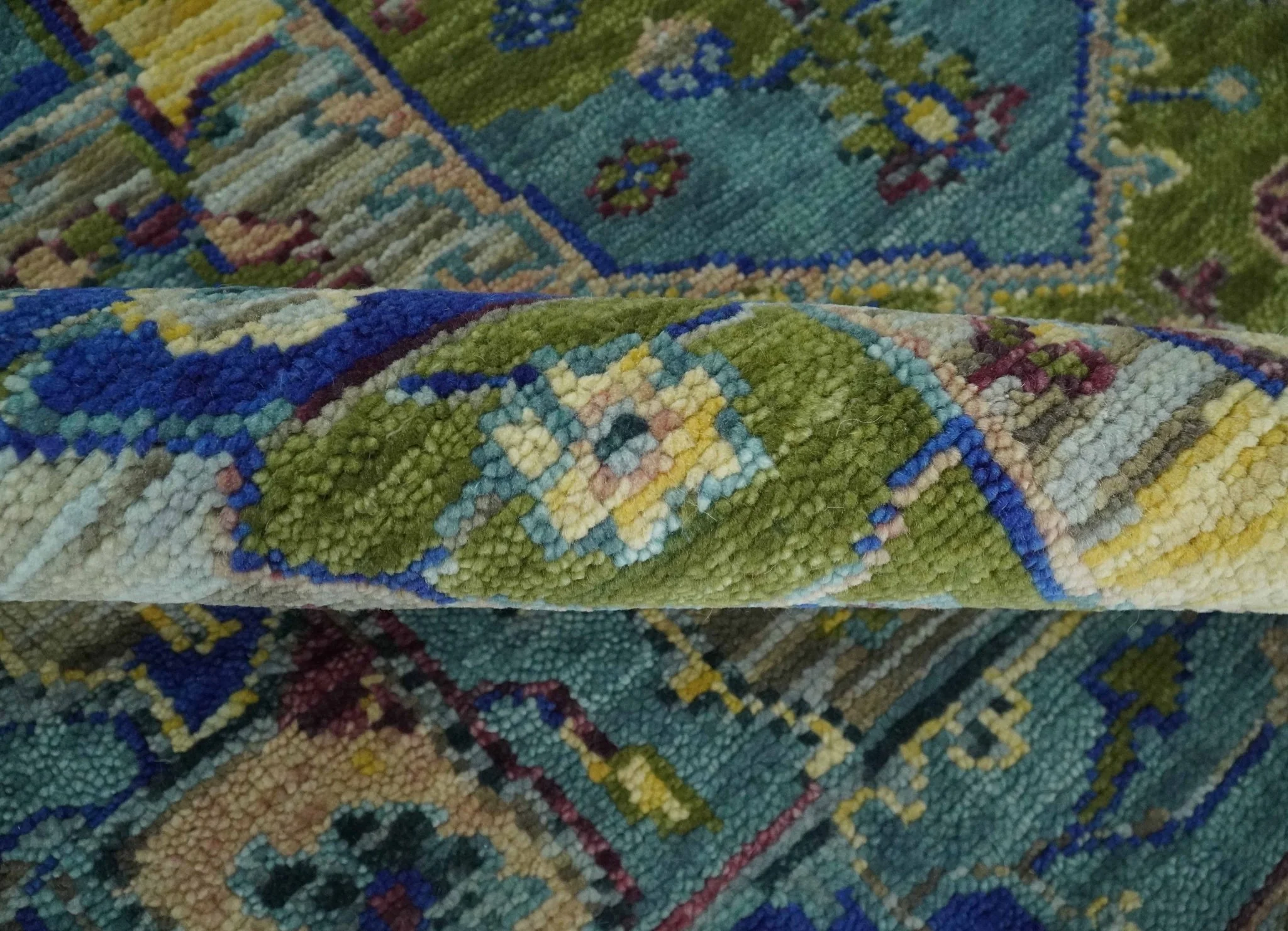 Modern Colorful Moss Green, Blue and Silver Traditional Turkish Design Heriz Wool Area Rug - Image 7