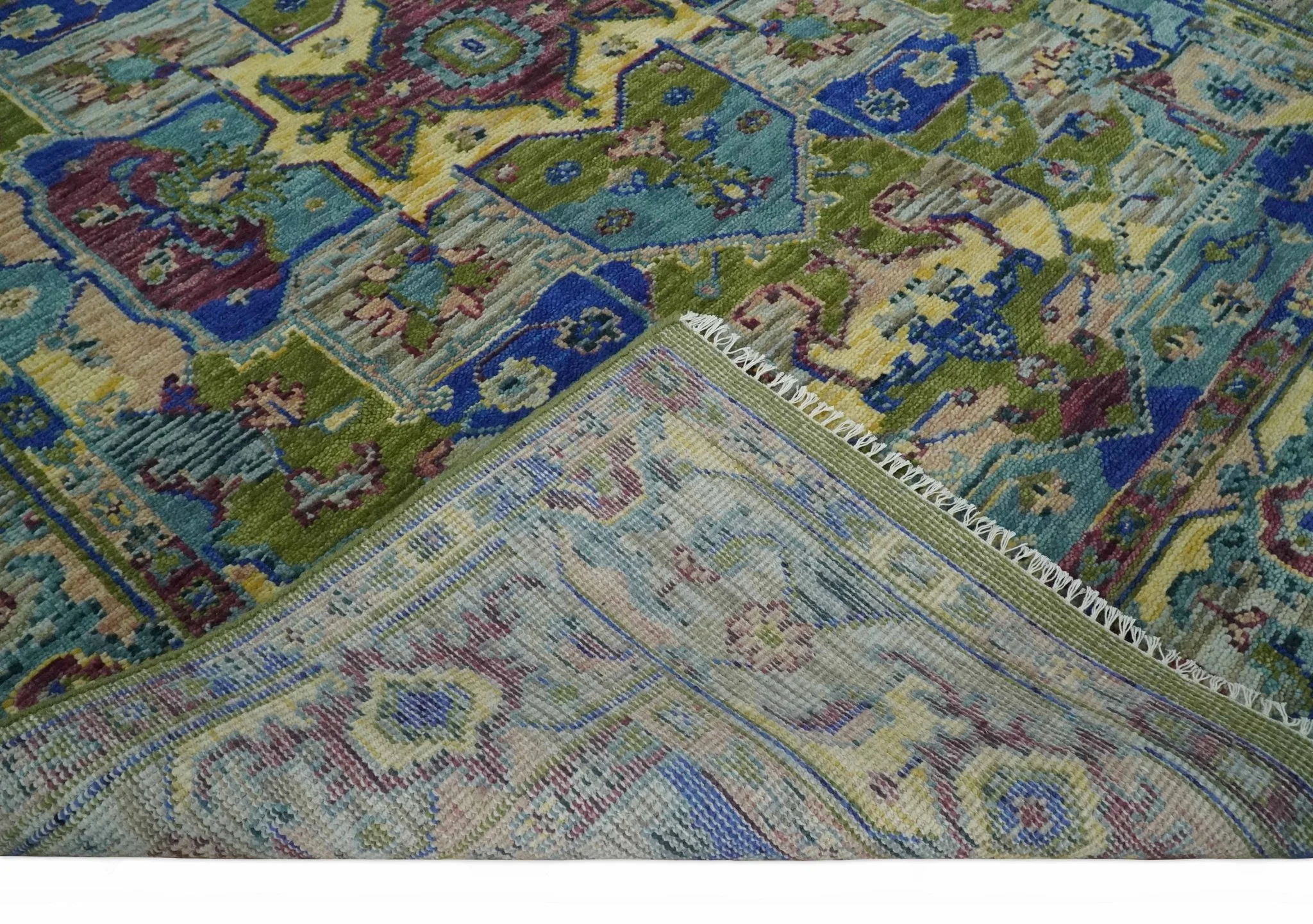 Modern Colorful Moss Green, Blue and Silver Traditional Turkish Design Heriz Wool Area Rug - Image 8