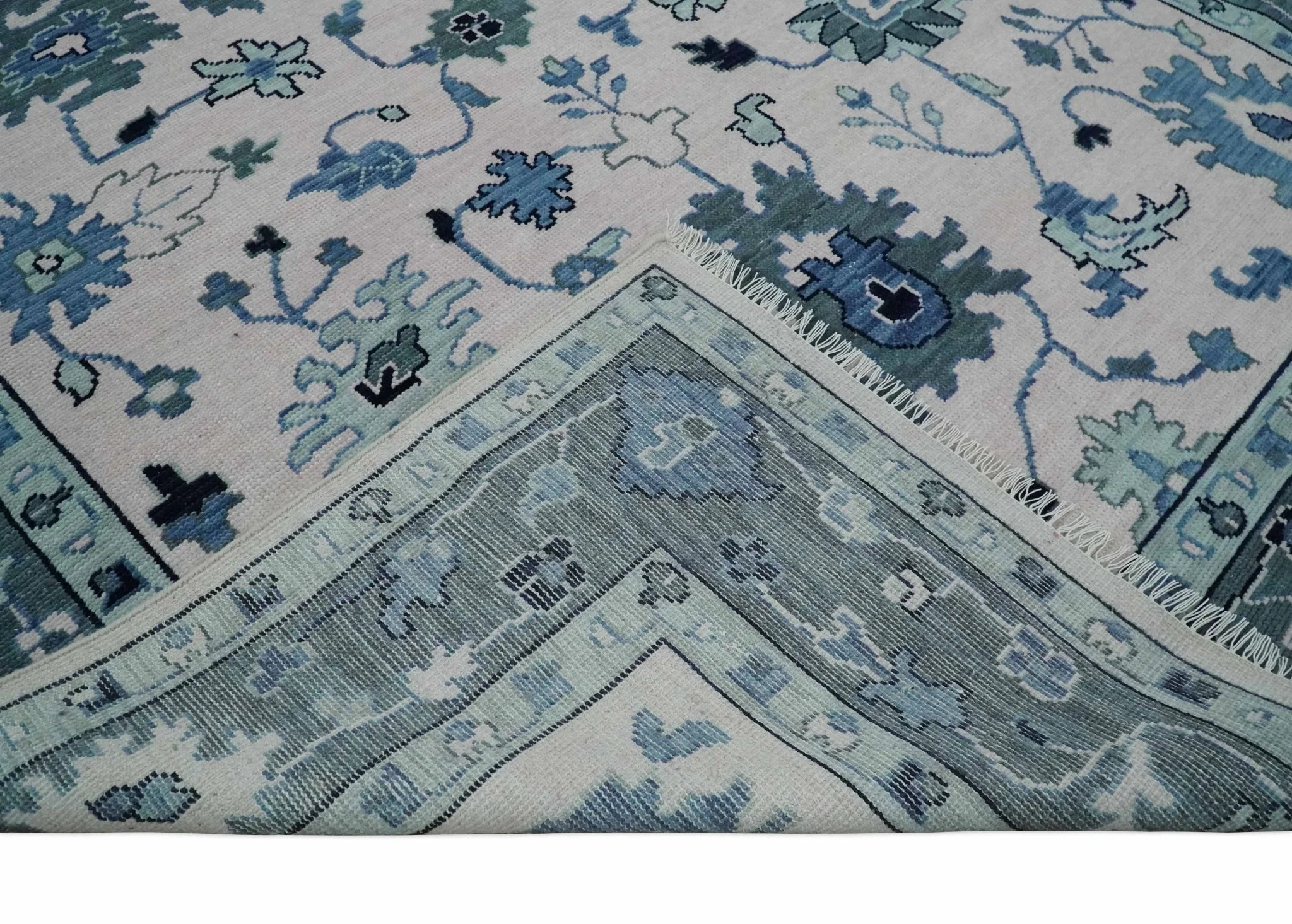 Soft Pink, Gray and Blue Hand Knotted Traditional Oushak Custom Made Wool Area Rug - Image 7