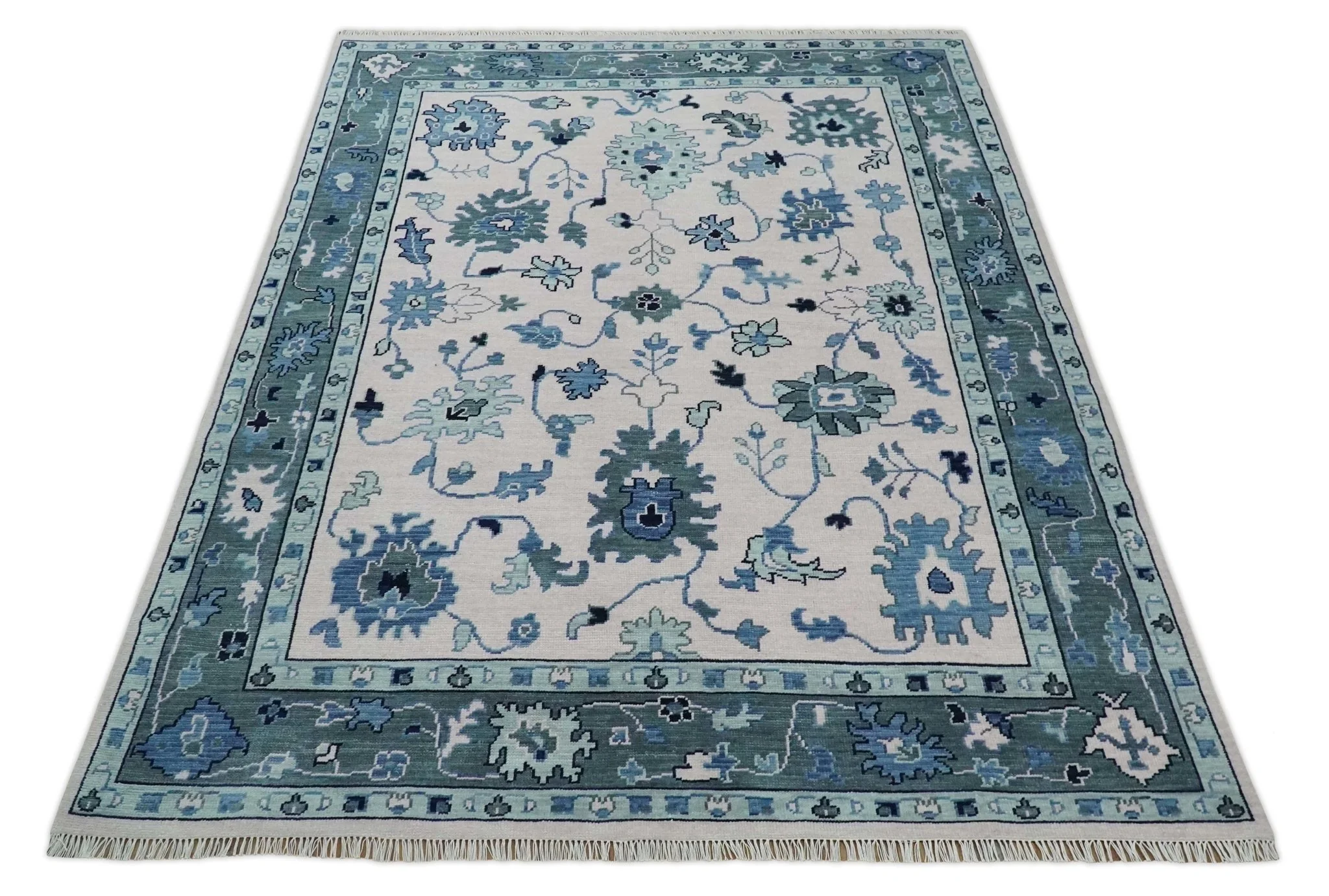 Soft Pink, Gray and Blue Hand Knotted Traditional Oushak Custom Made Wool Area Rug - Image 8