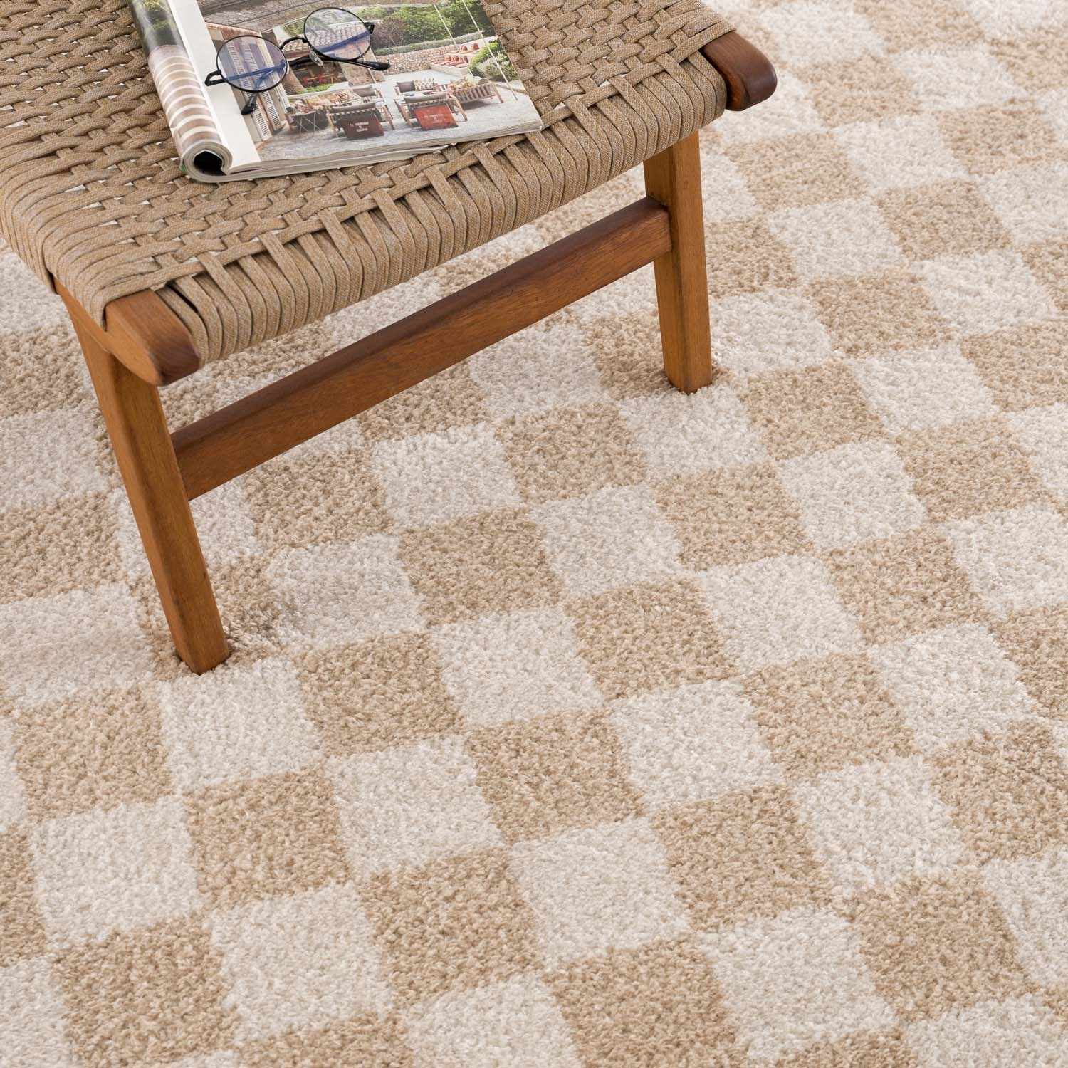 Modern Contemporary Camel and Beige Checked Texture High Pile Washable Area Rug - Image 10
