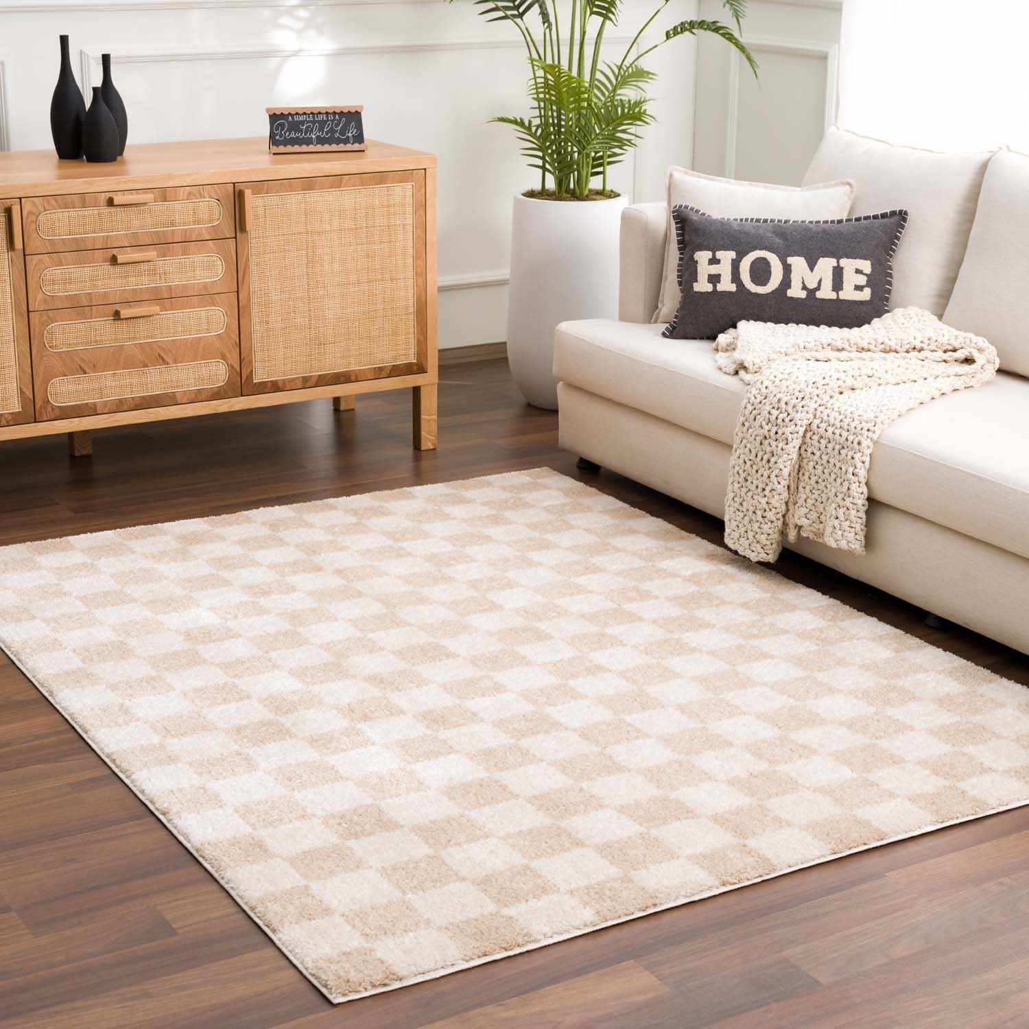 Modern Contemporary Camel and Beige Checked Texture High Pile Washable Area Rug - Image 3
