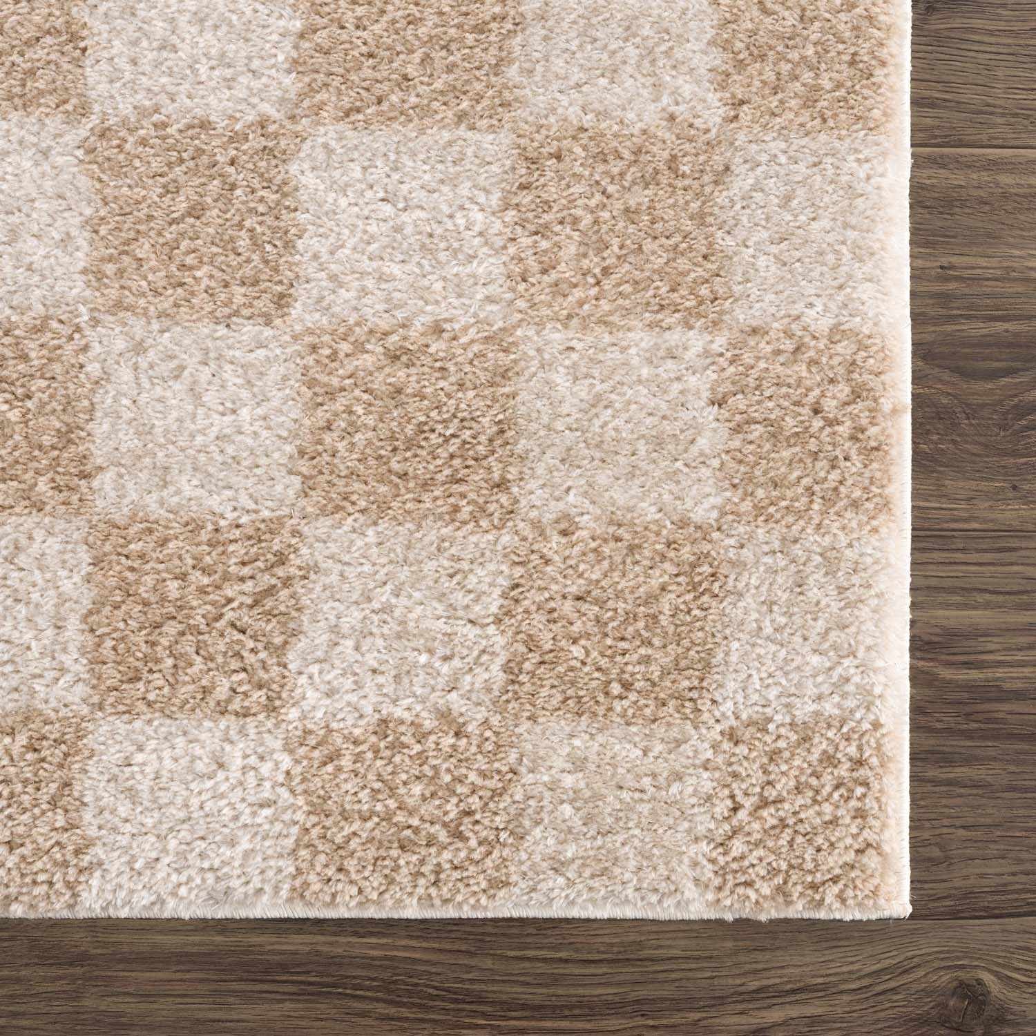 Modern Contemporary Camel and Beige Checked Texture High Pile Washable Area Rug - Image 4