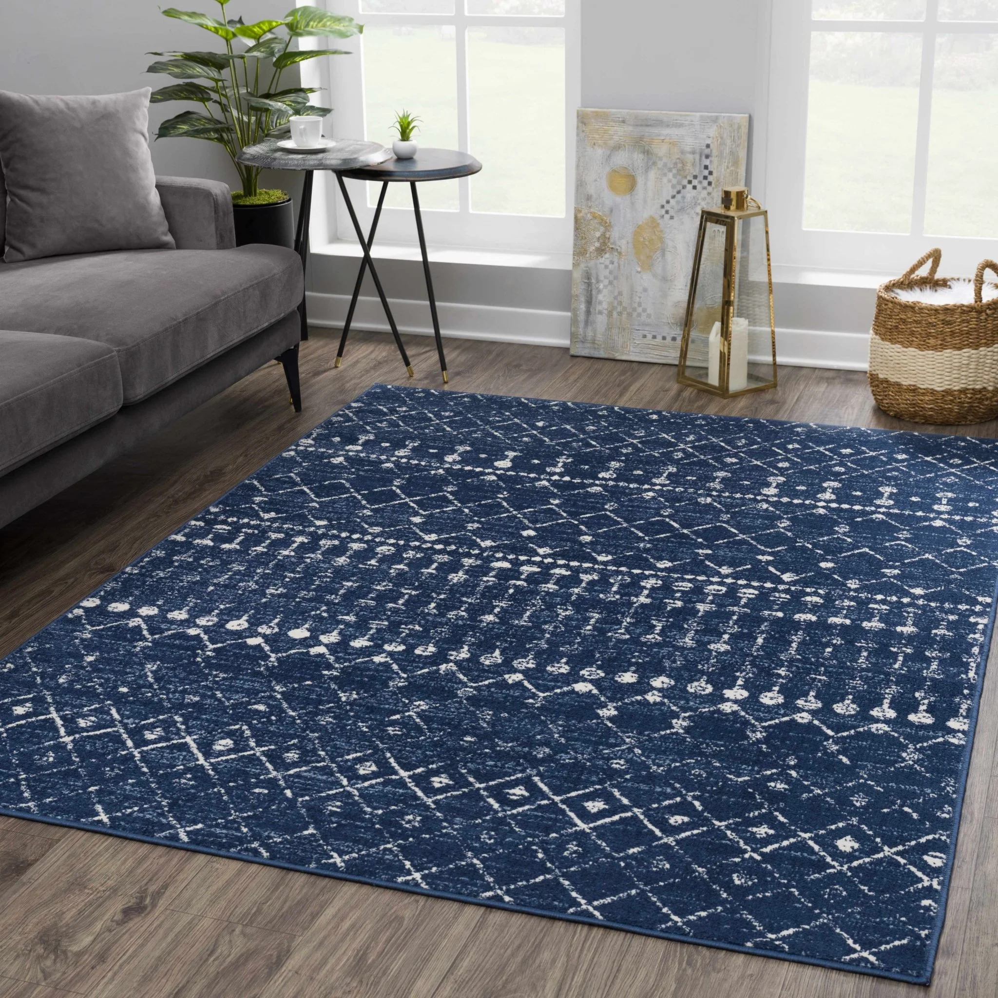 Modern Contemporary Navy and Ivory Low pile Multi size Area Rug - Image 2