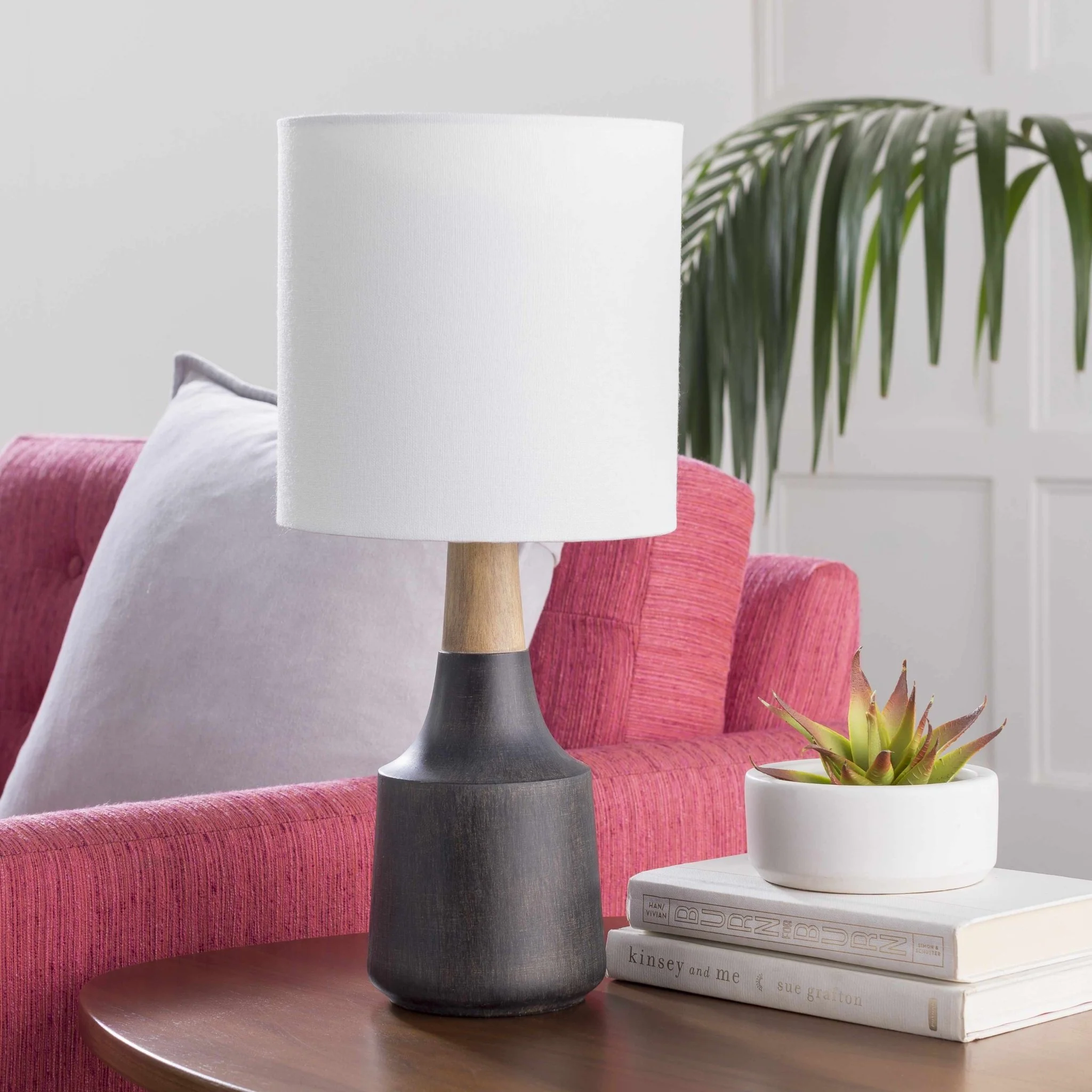 Modern Contemporary White, Tan and Charcoal Table Lamp, Bed Side Lamp - Image 2