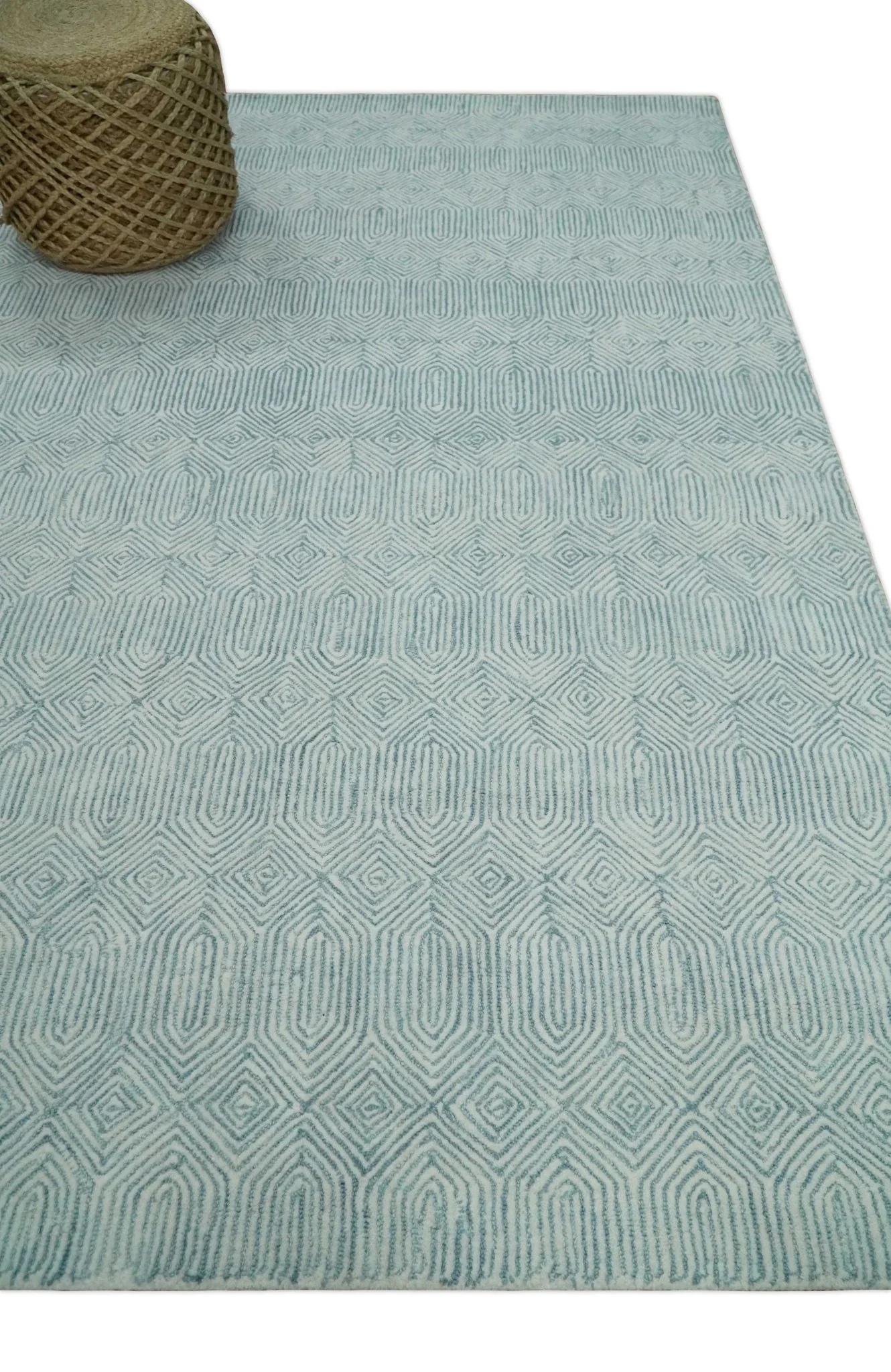 Modern Diamond Design Aqua and Ivory Hand Tufted Wool Area Rug - Image 3