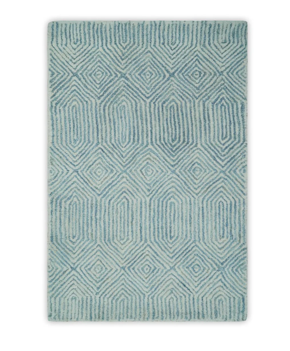 Modern Diamond Design Aqua and Ivory Hand Tufted Wool Area Rug - Image 8