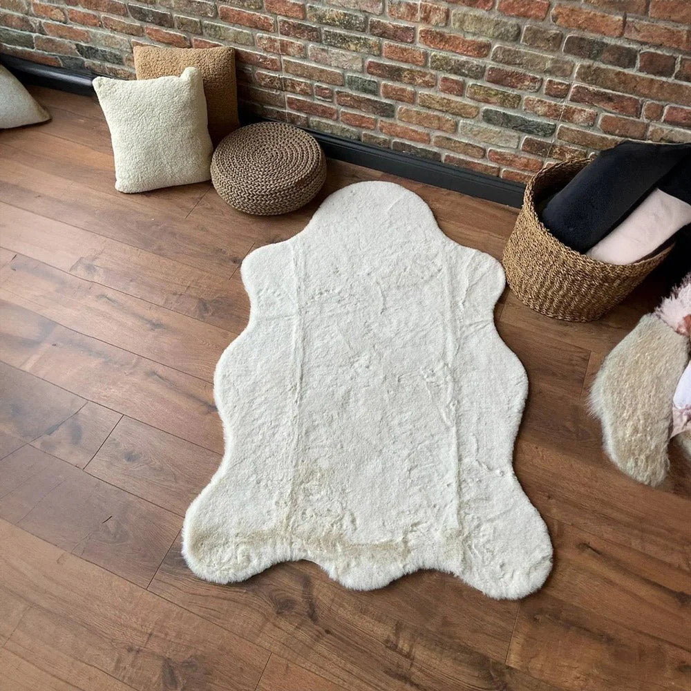 Modern Faux Rabbit White Machine Washable Silk Rug - Image 2