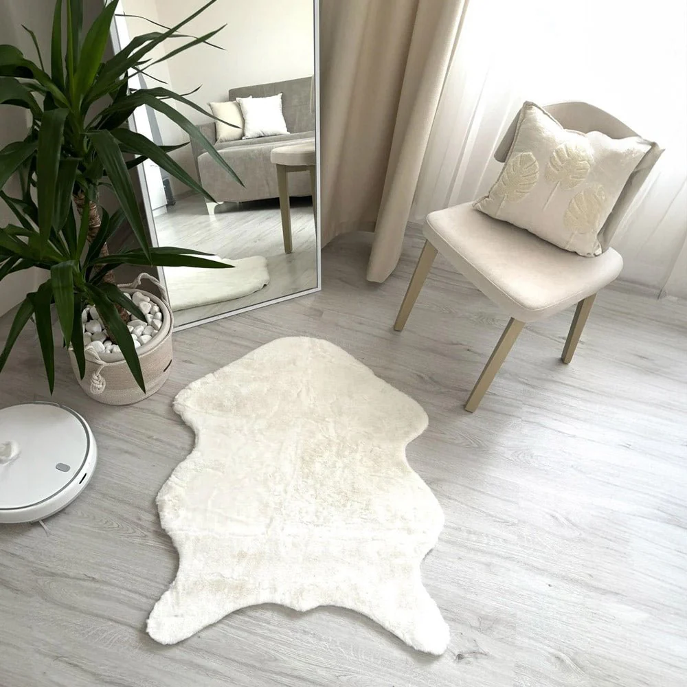 Modern Faux Rabbit White Machine Washable Silk Rug - Image 7