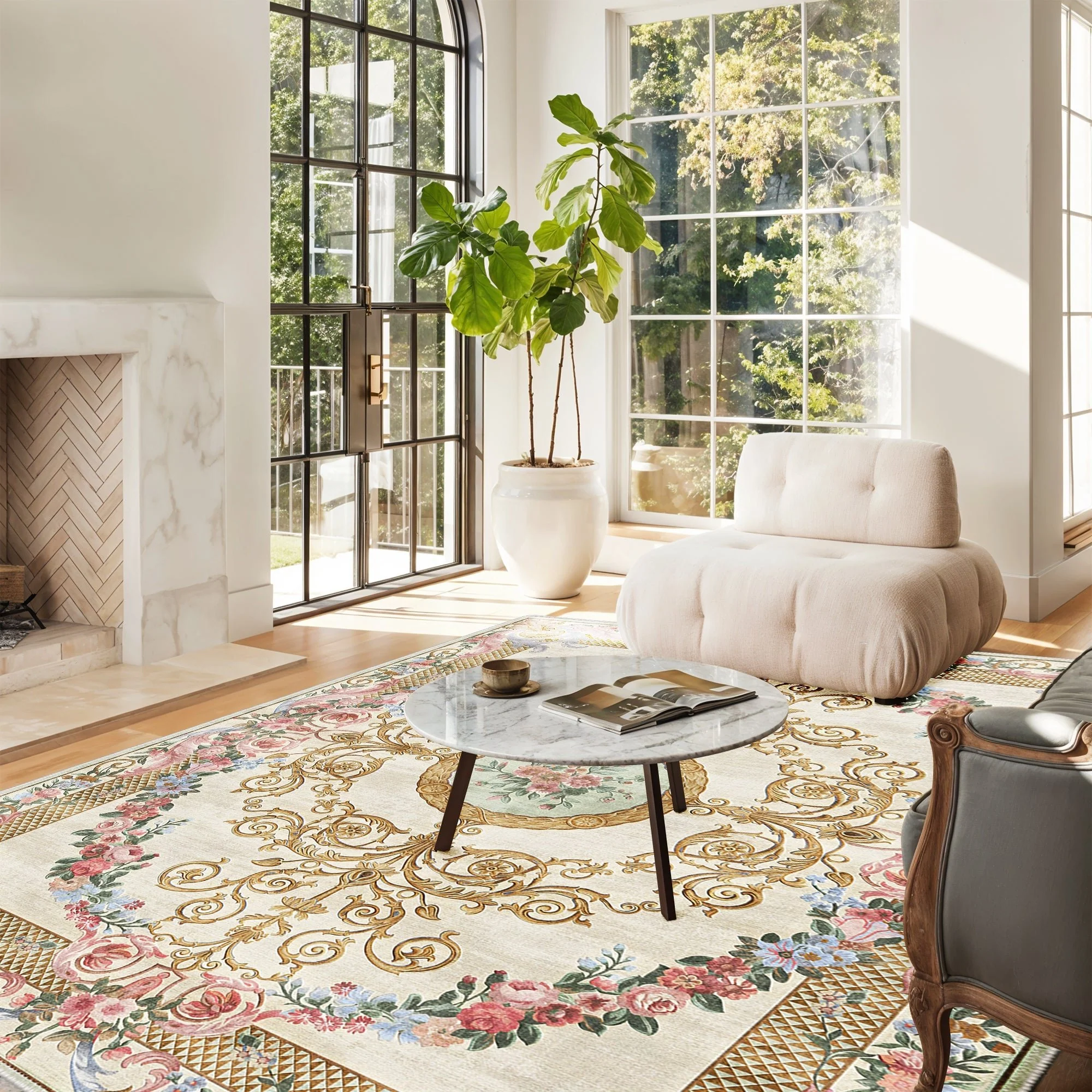 French Aubusson Inspired Beige Machine Washable Cotton Area Rug - Image 2