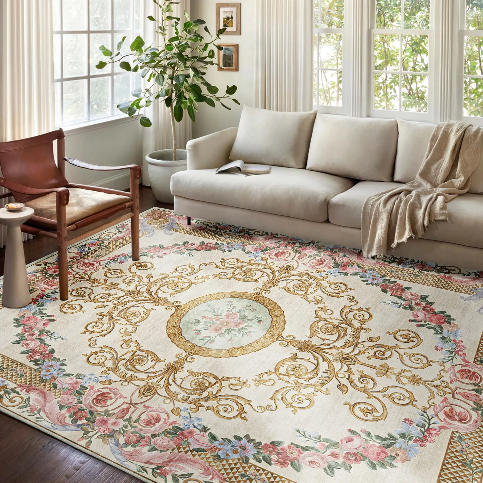 French Aubusson Inspired Beige Machine Washable Cotton Area Rug - Image 3