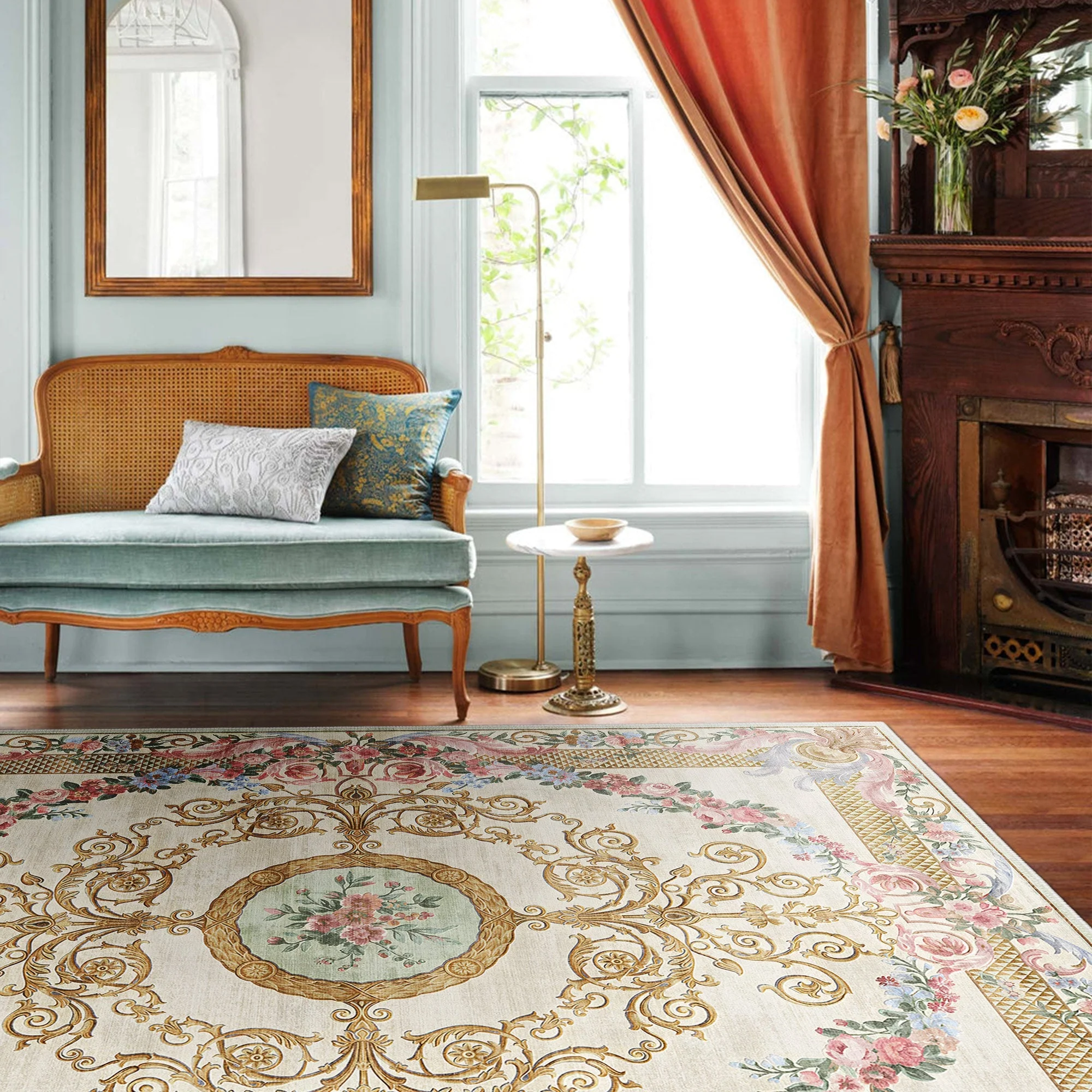 French Aubusson Inspired Beige Machine Washable Cotton Area Rug - Image 4