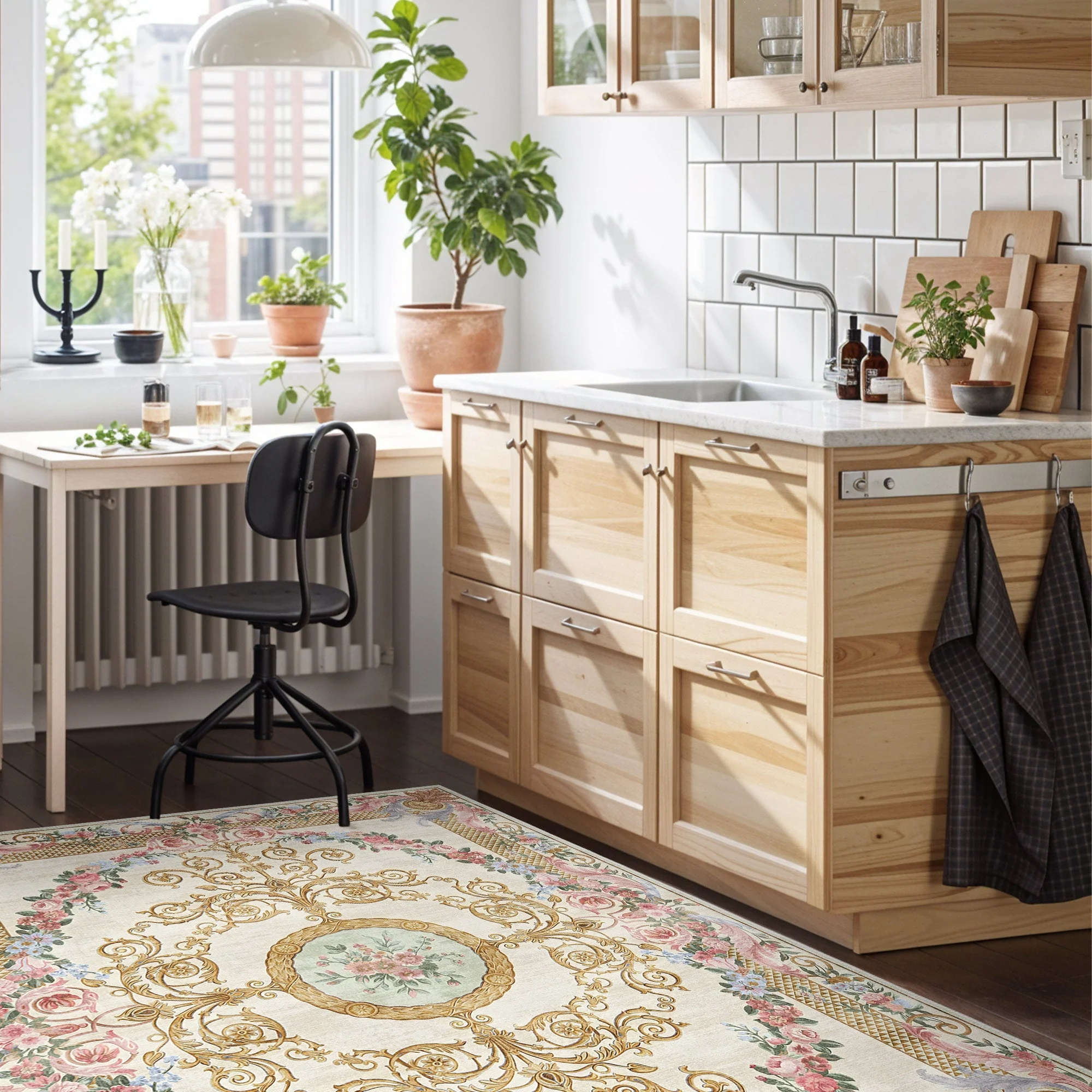 French Aubusson Inspired Beige Machine Washable Cotton Area Rug - Image 5