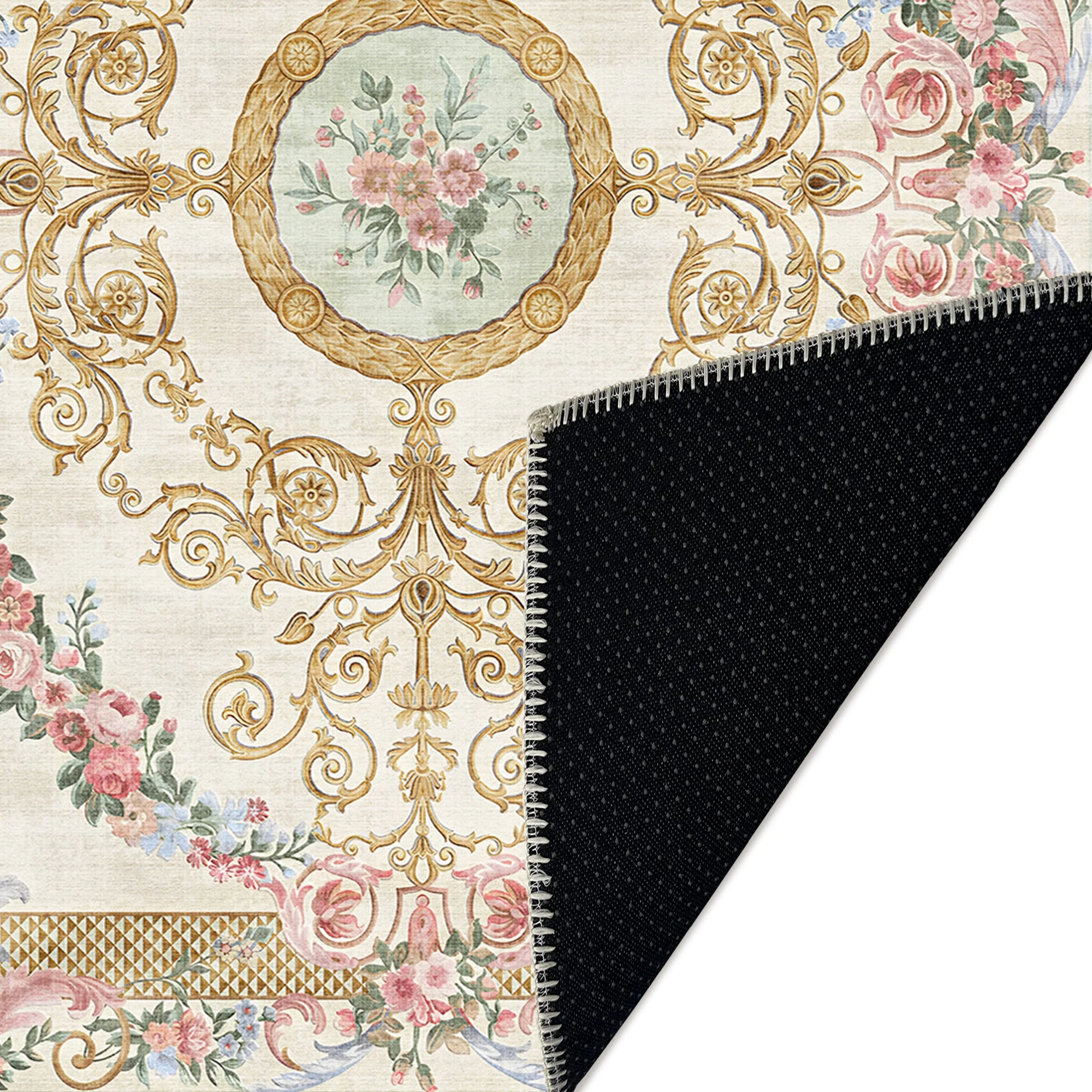 French Aubusson Inspired Beige Machine Washable Cotton Area Rug - Image 7