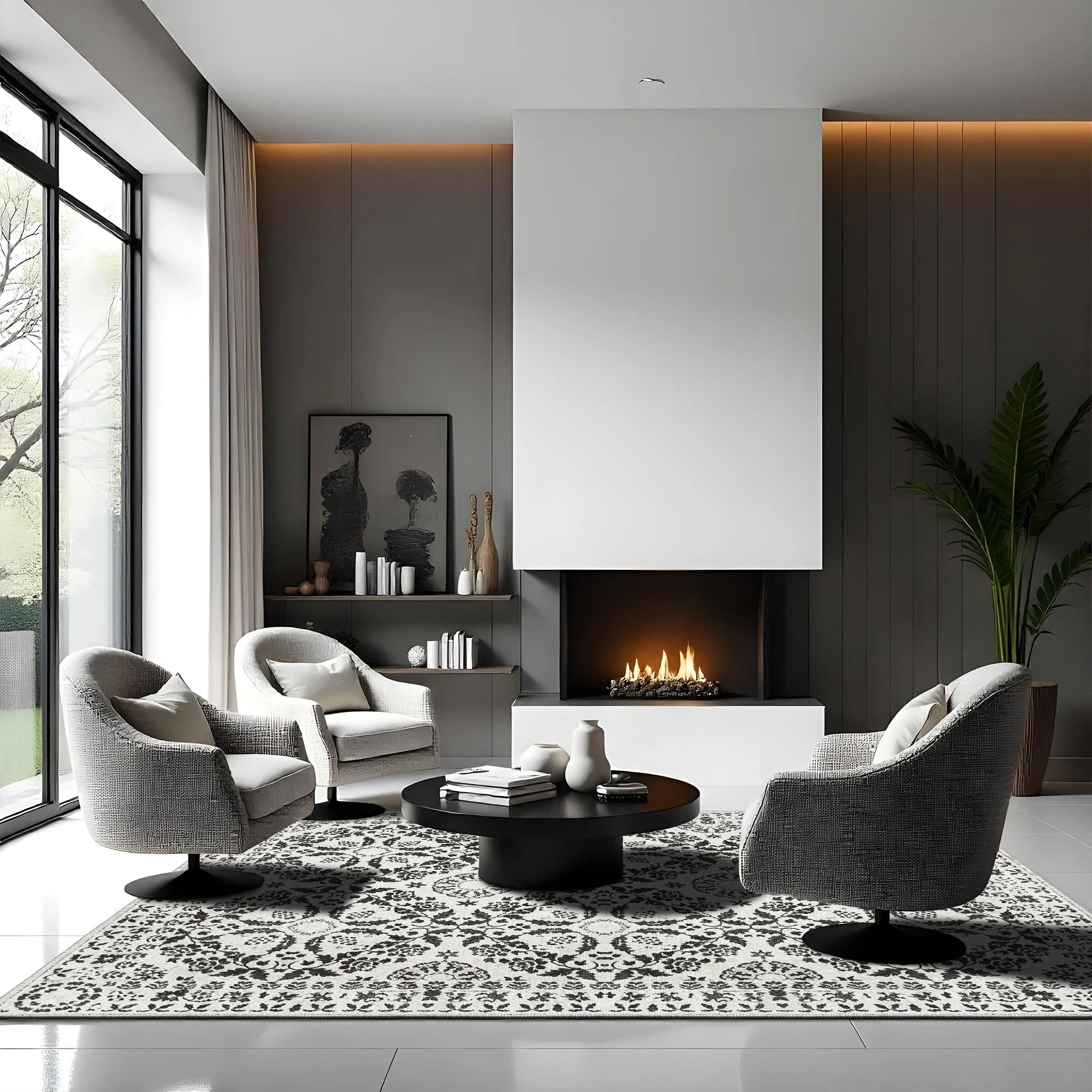 Modern Floral Charcoal And Beige Machine Washable Cotton Rug - Image 2
