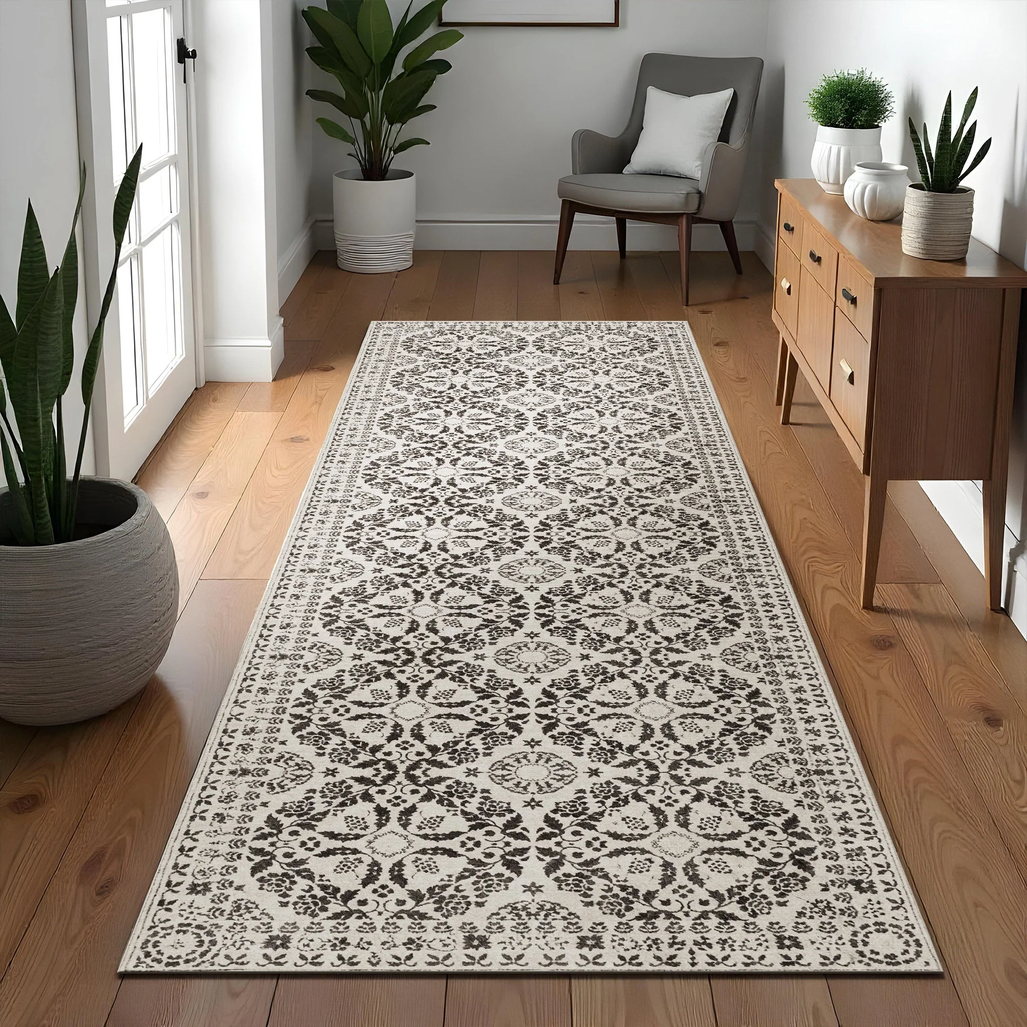 Modern Floral Charcoal And Beige Machine Washable Cotton Rug - Image 3