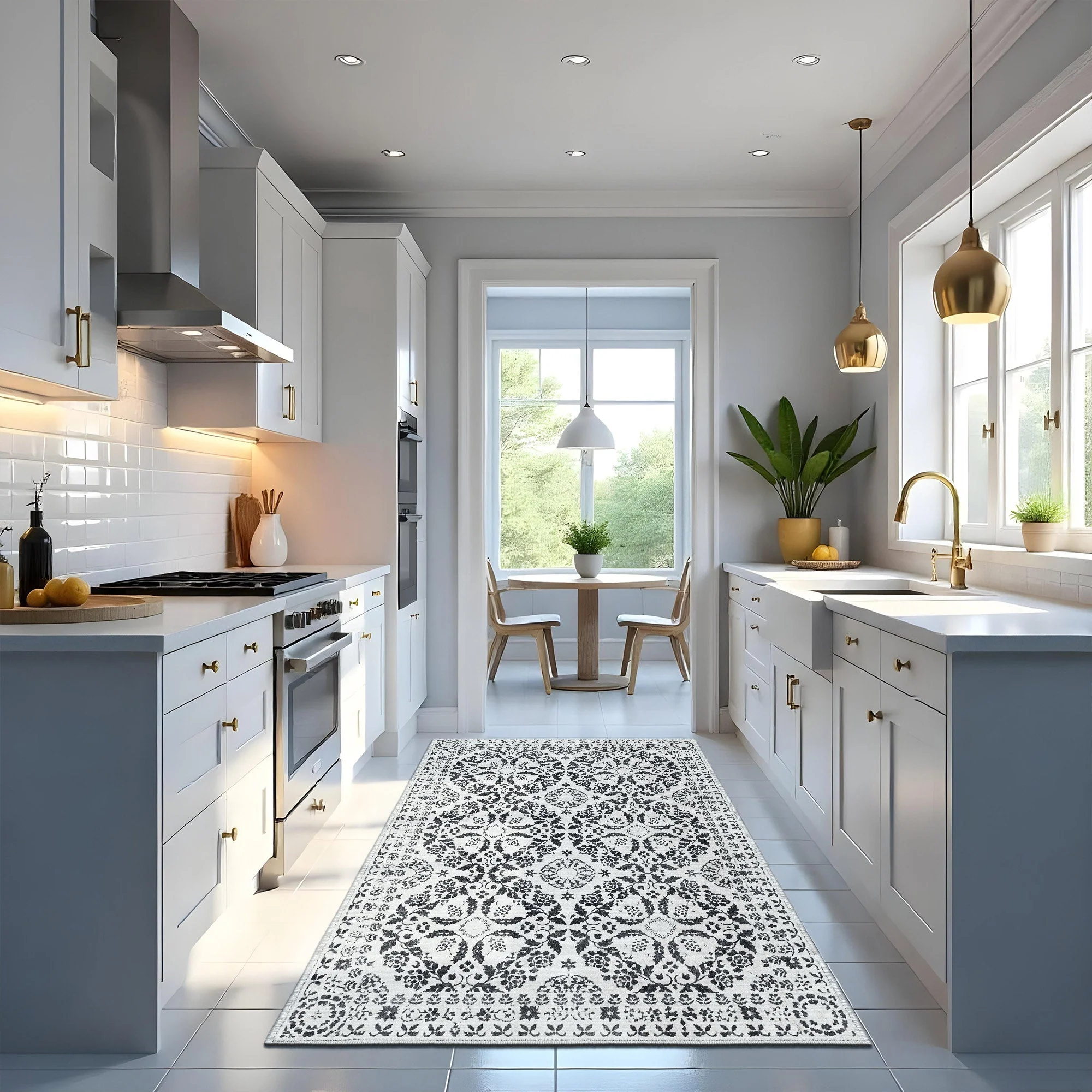 Modern Floral Charcoal And Beige Machine Washable Cotton Rug - Image 4