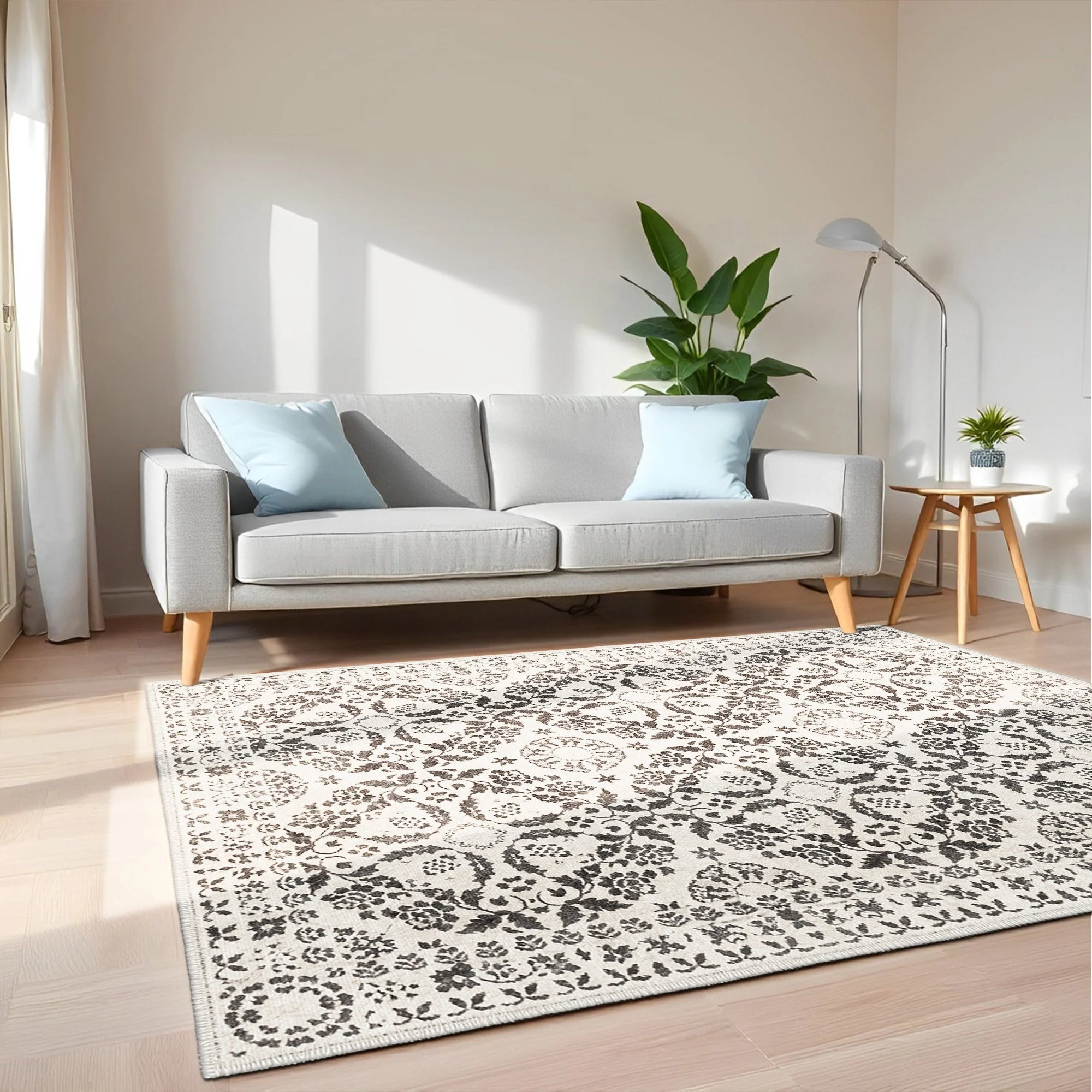 Modern Floral Charcoal And Beige Machine Washable Cotton Rug - Image 6