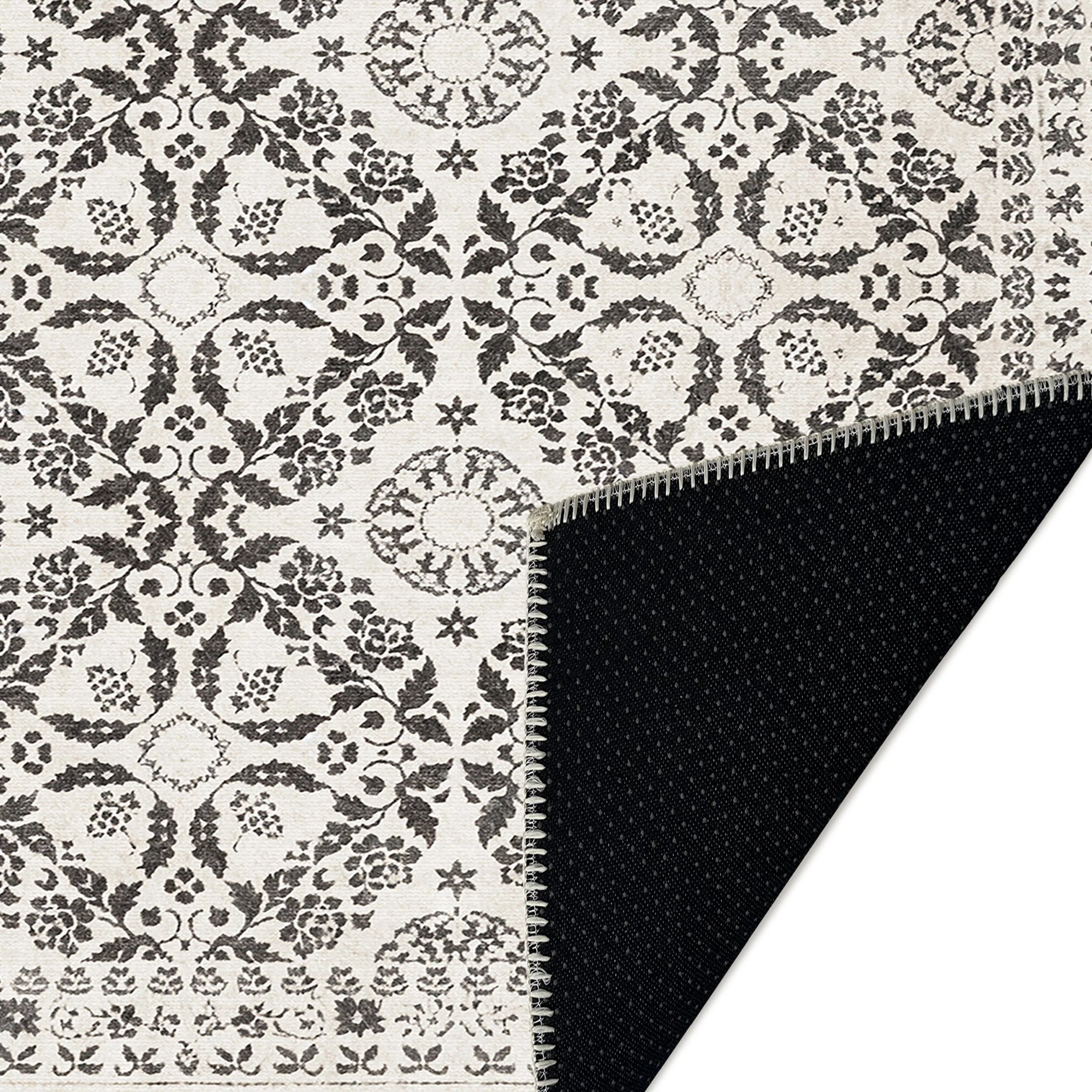 Modern Floral Charcoal And Beige Machine Washable Cotton Rug - Image 7