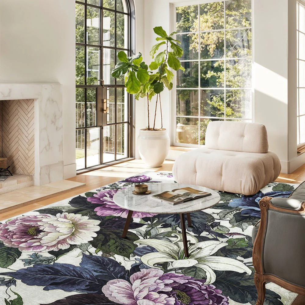 Modern Floral Green Machine Washable Cotton Area Rug - Image 2