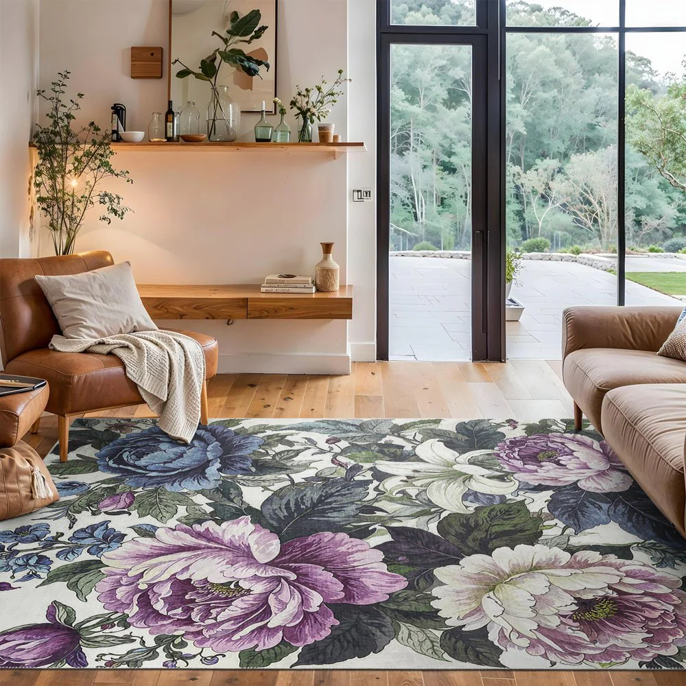 Modern Floral Green Machine Washable Cotton Area Rug - Image 5